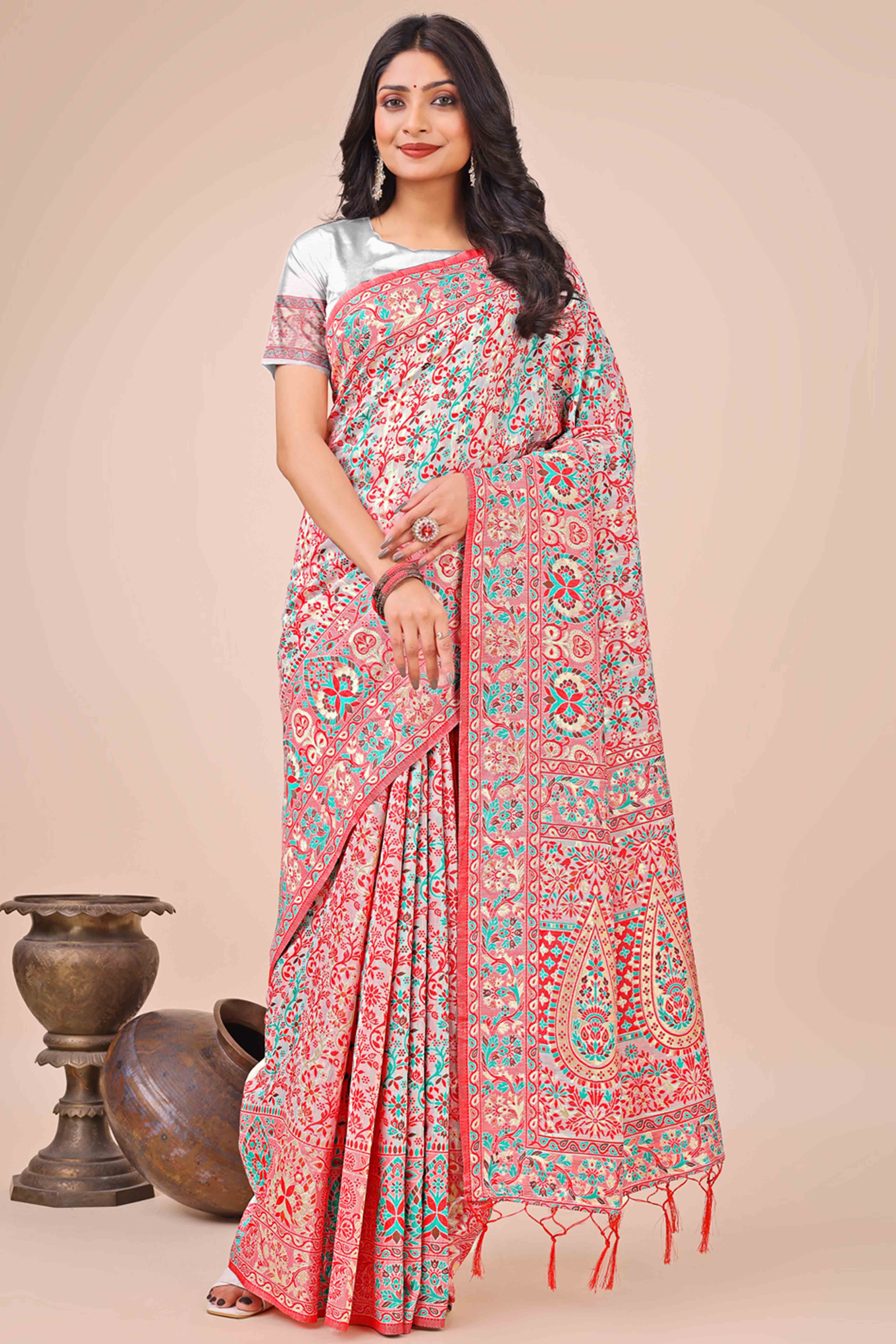 White Floral Woven Cotton Blend Saree With A Breezy Tassel Finish