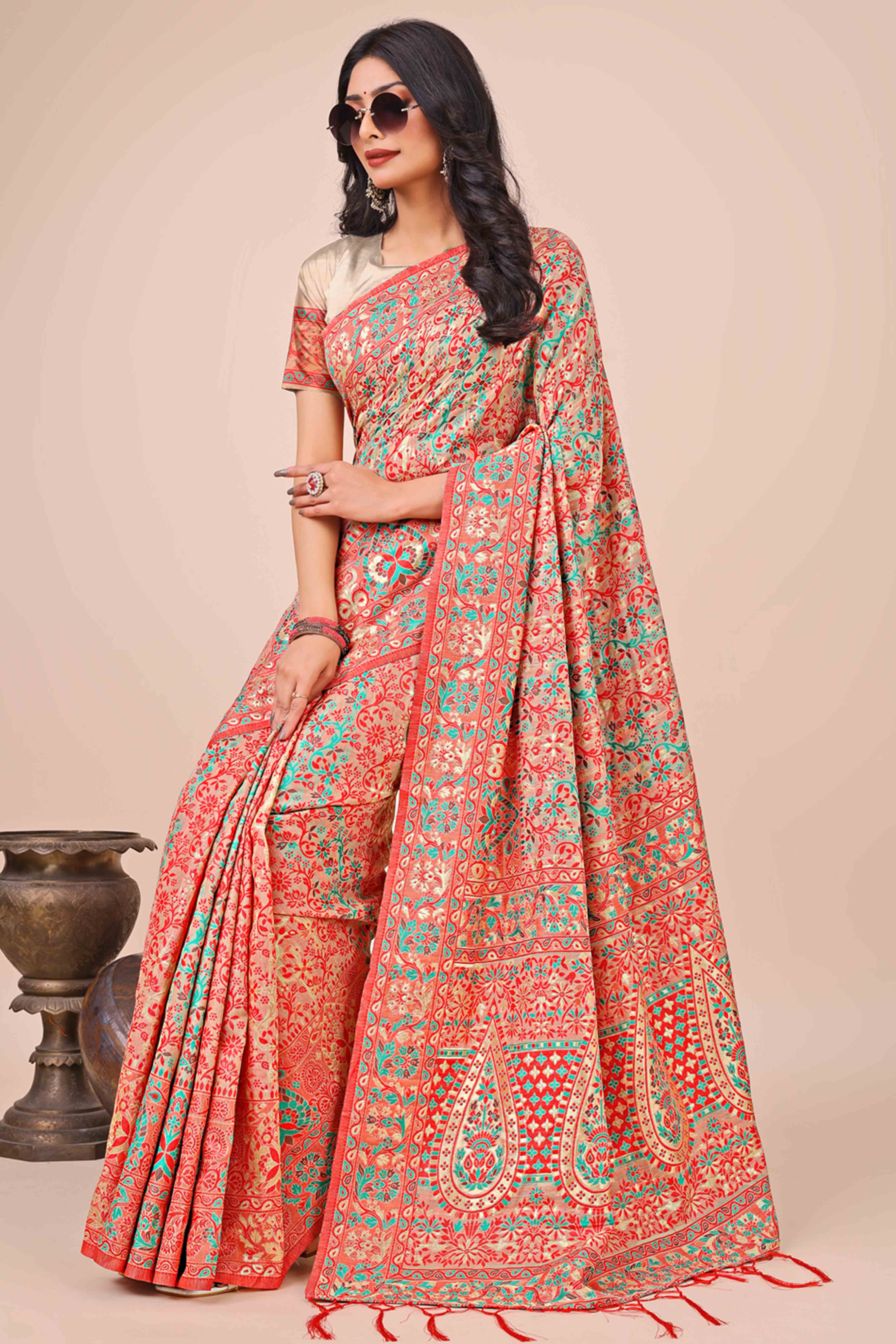 Cream Floral Woven Cotton Blend Saree With A Breezy Tassel Finish