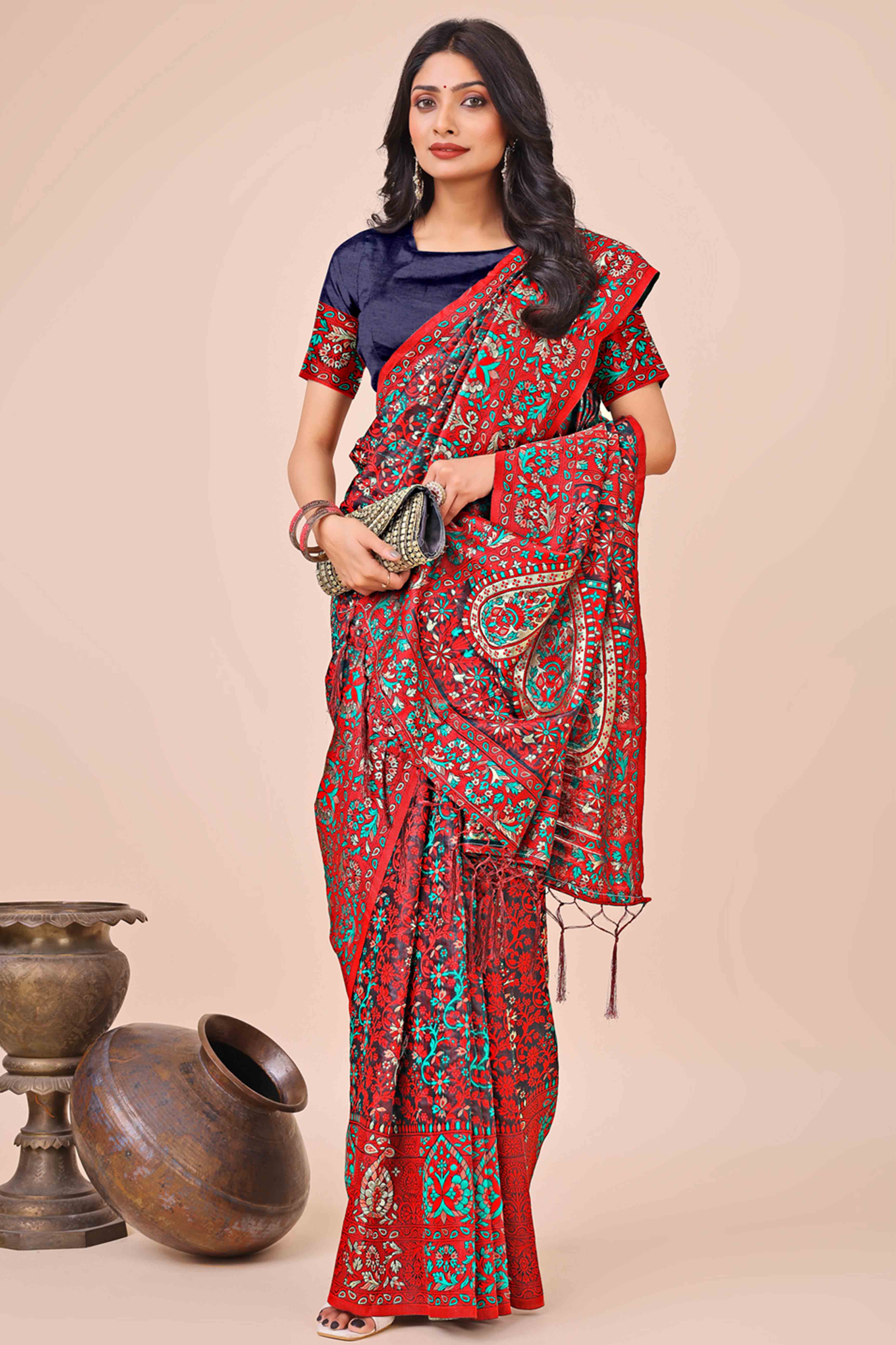 Red & Black Floral Woven Cotton Blend Saree With A Breezy Tassel Finish