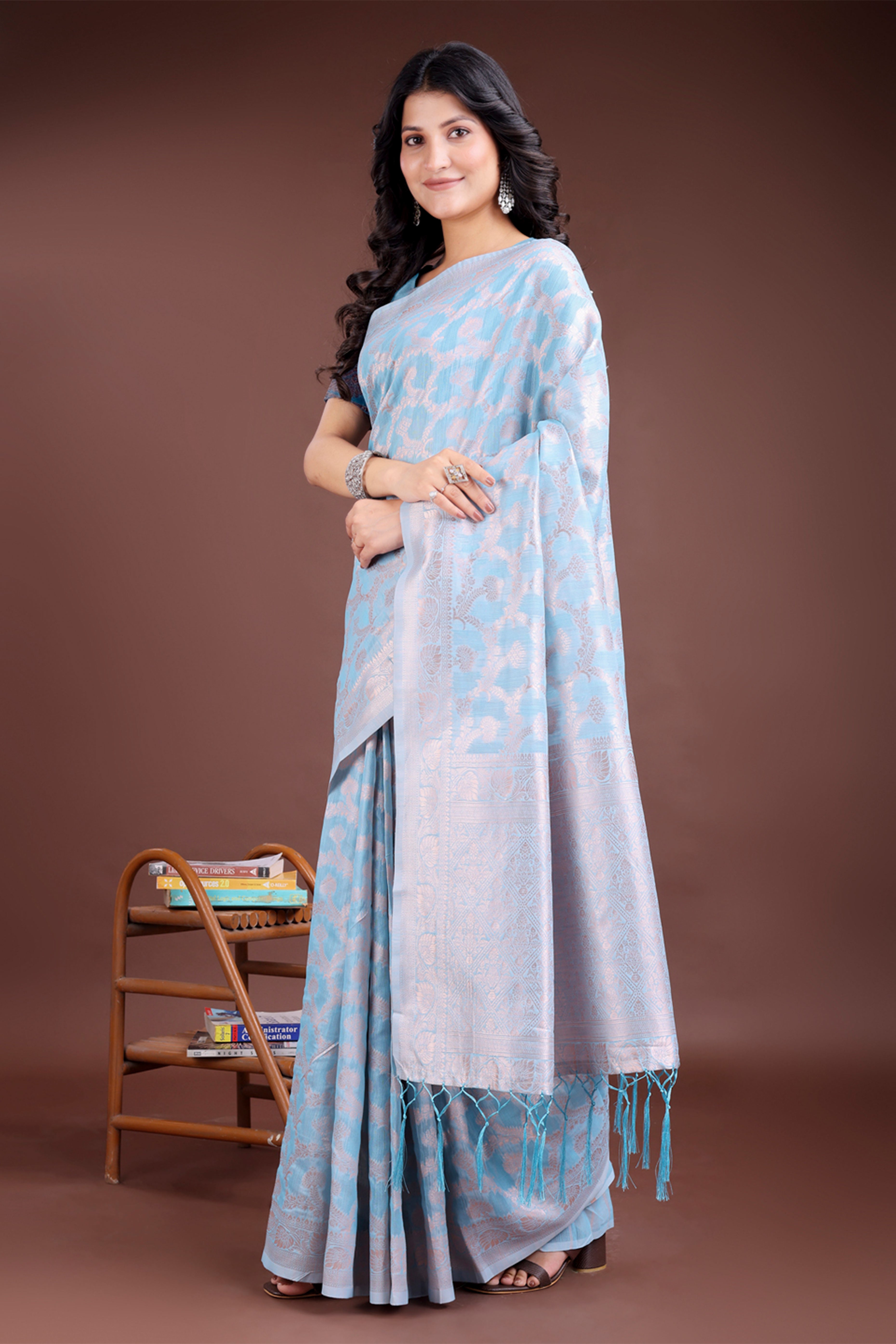 Sky Blue Linen Cotton Saree with Lustrous Zari Borders and Elegant Tassel Accents