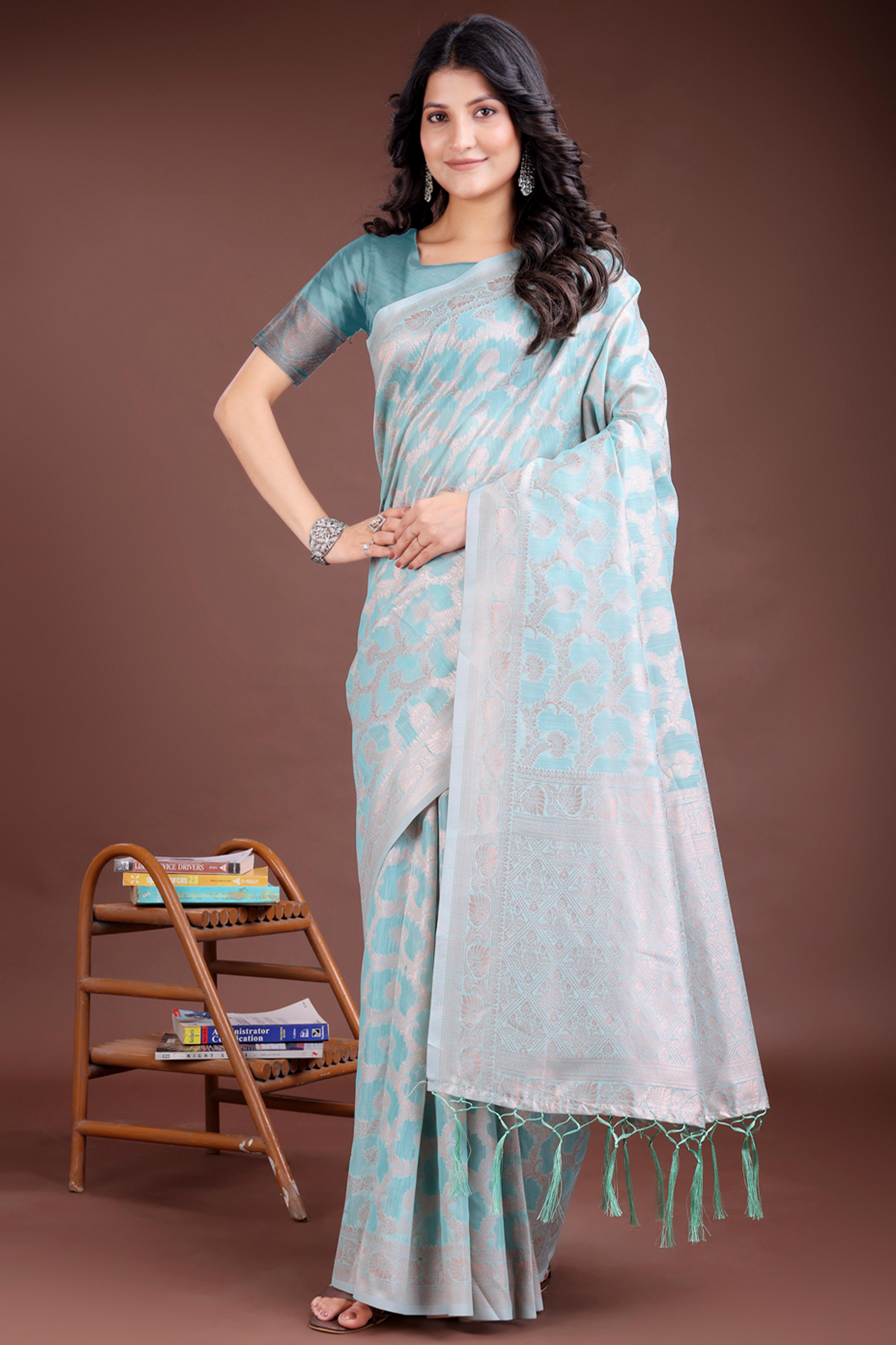Sea Green Linen Cotton Saree with Lustrous Zari Borders and Elegant Tassel Accents