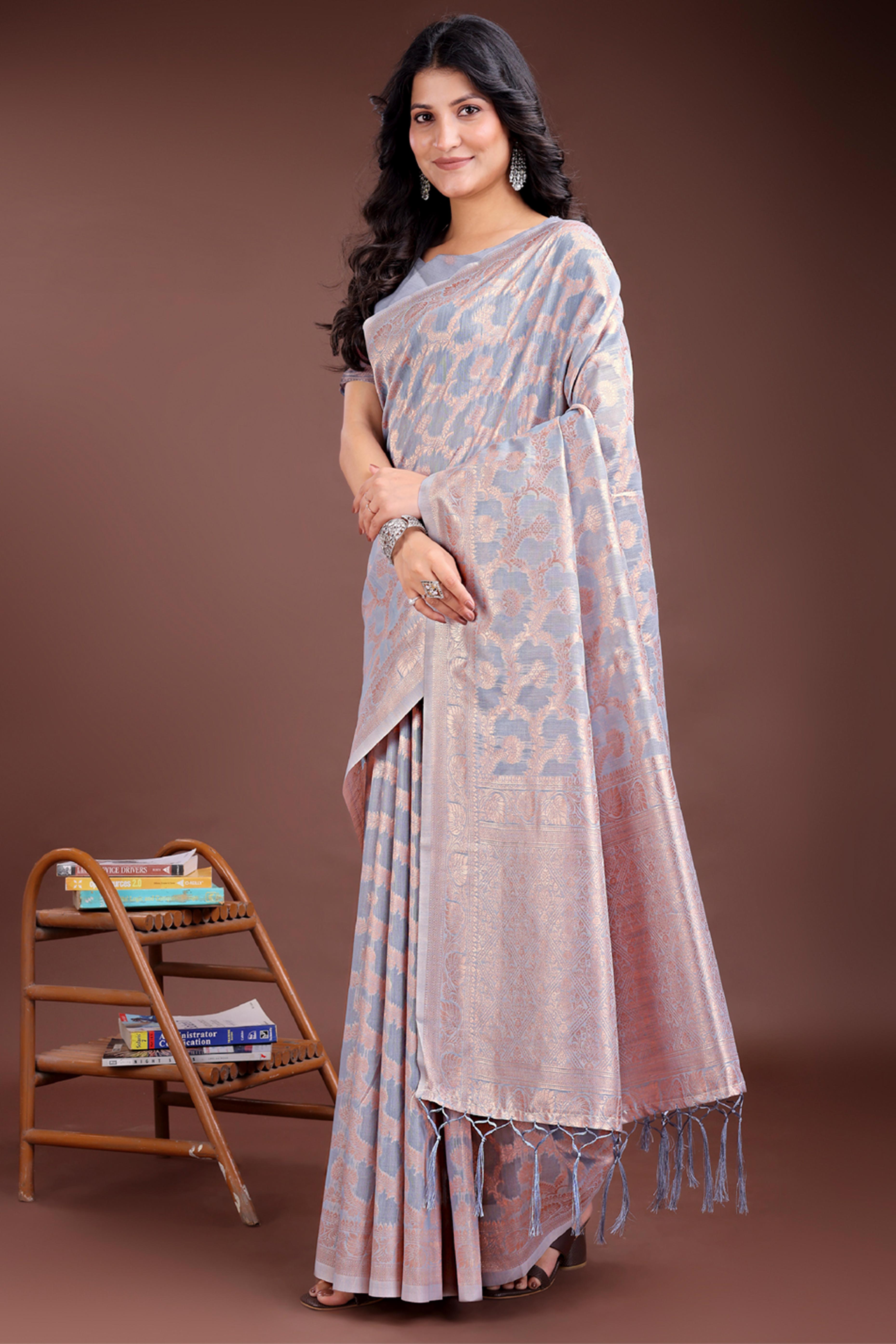 Grey Linen Cotton Saree with Lustrous Zari Borders and Elegant Tassel Accents