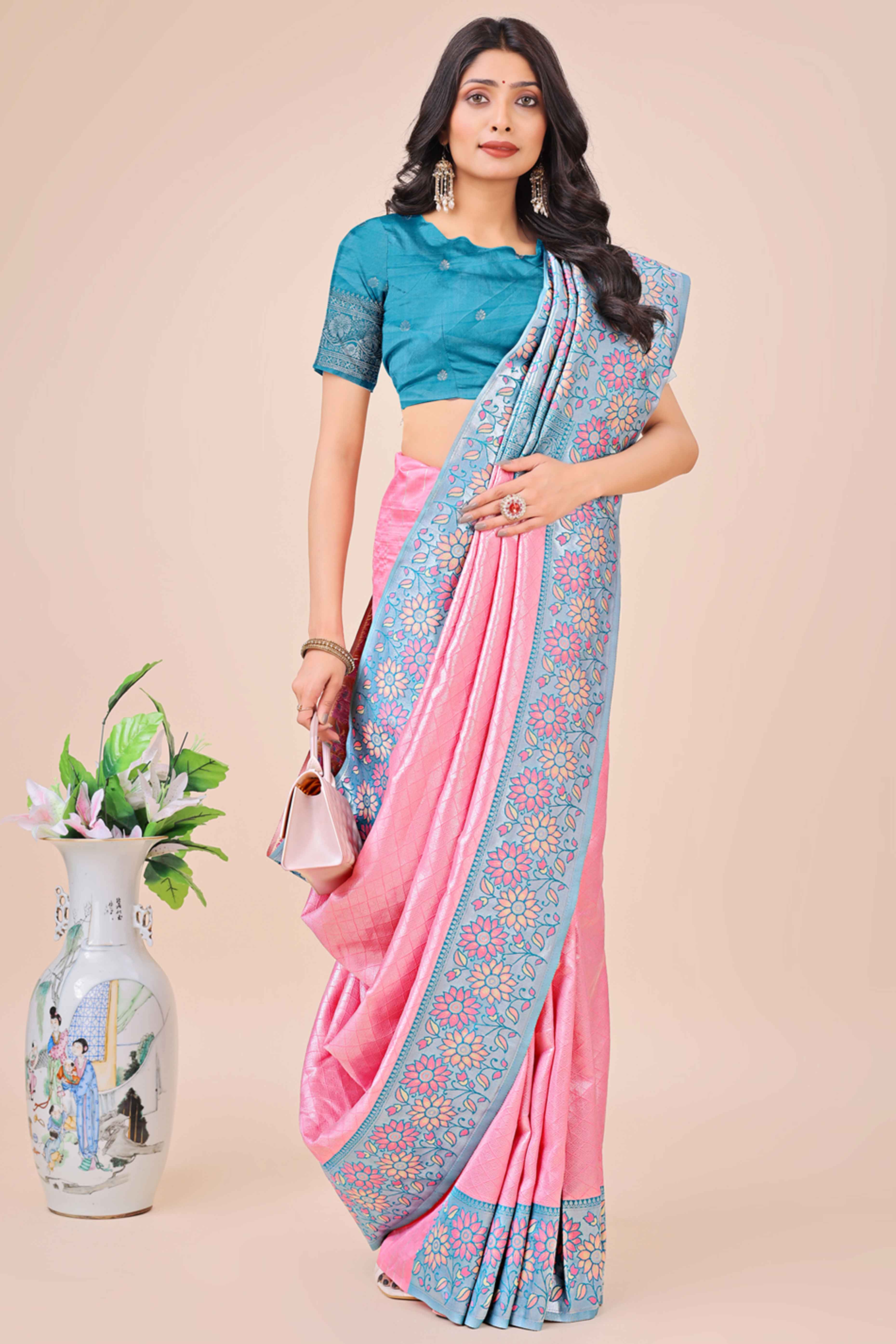 Pink Lichi Silk Blend Saree With Exquisite Floral Weaving & Graceful Tassel Details
