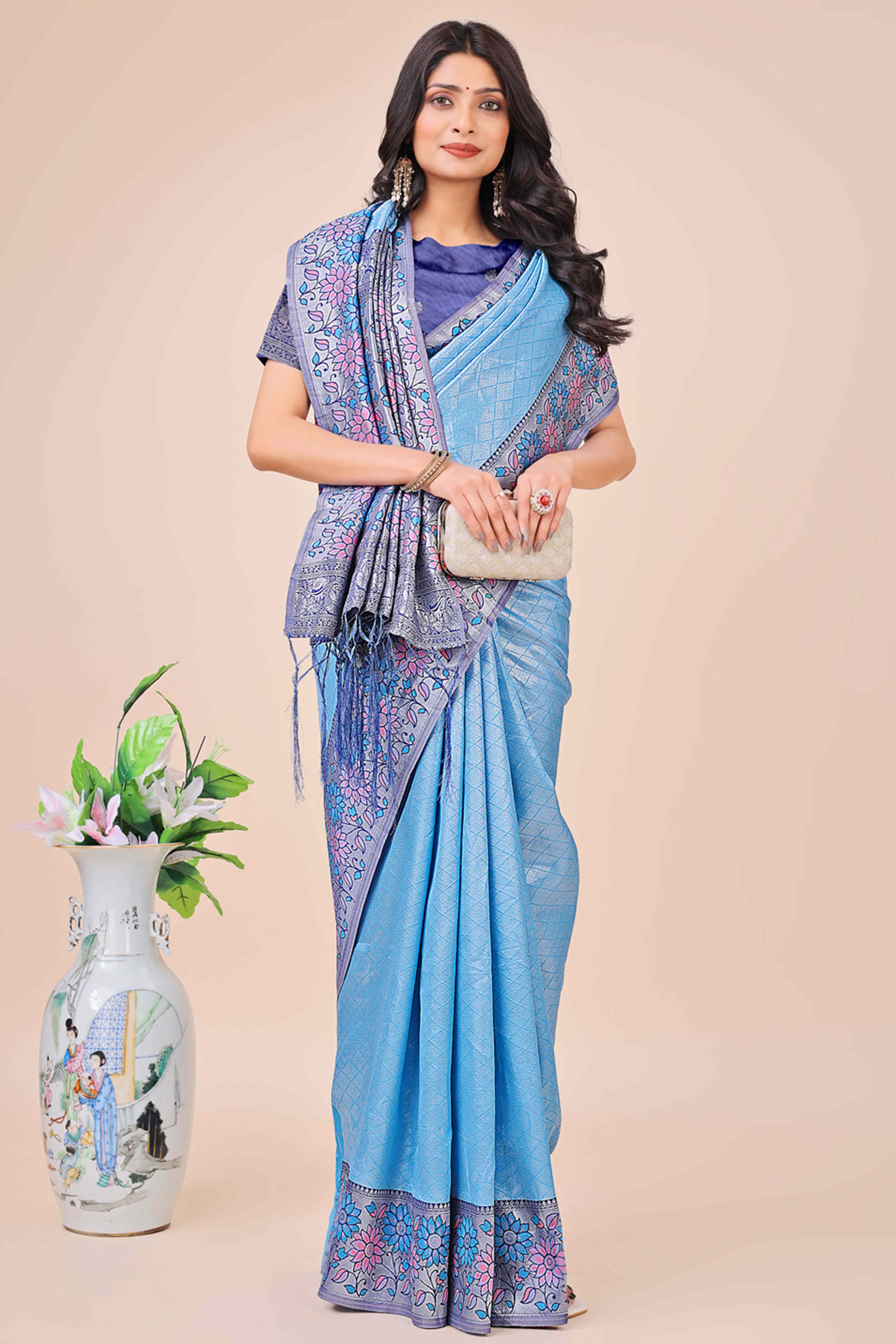 Blue Lichi Silk Blend Saree With Exquisite Floral Weaving & Graceful Tassel Details