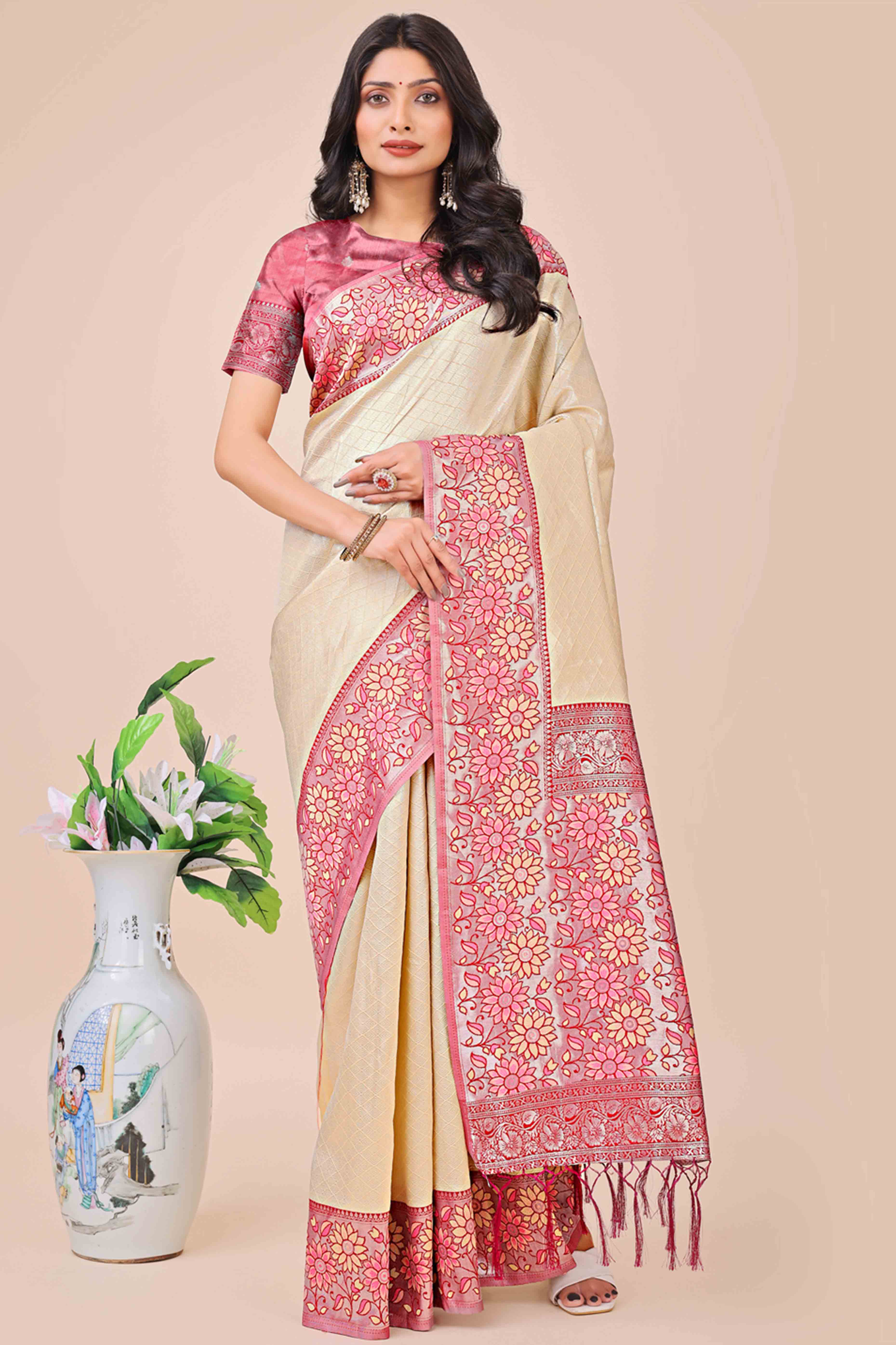 Cream Lichi Silk Blend Saree With Exquisite Floral Weaving & Graceful Tassel Details