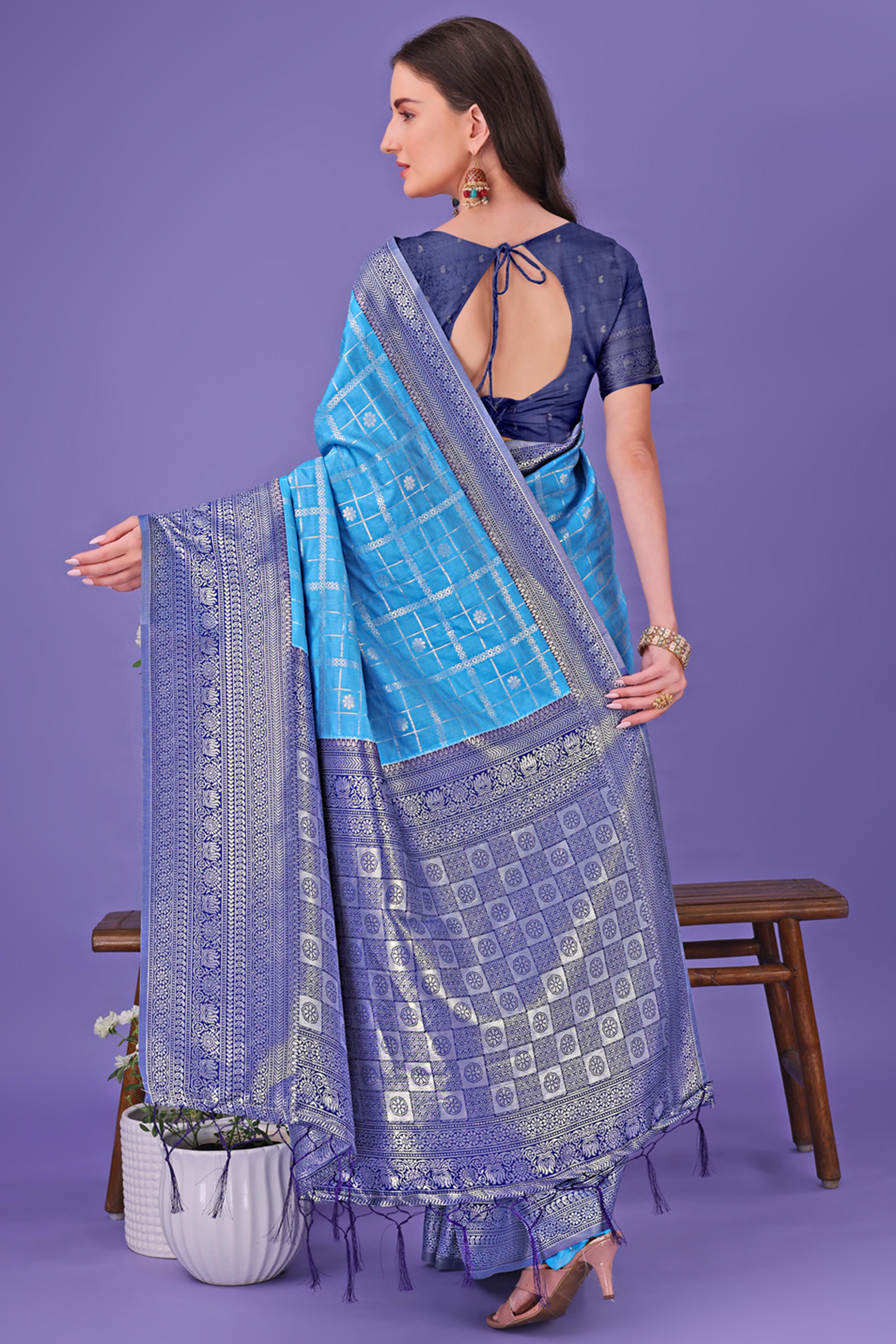Blue Banarasi Weave in Checked Design with Lustrous Zari Embellishments