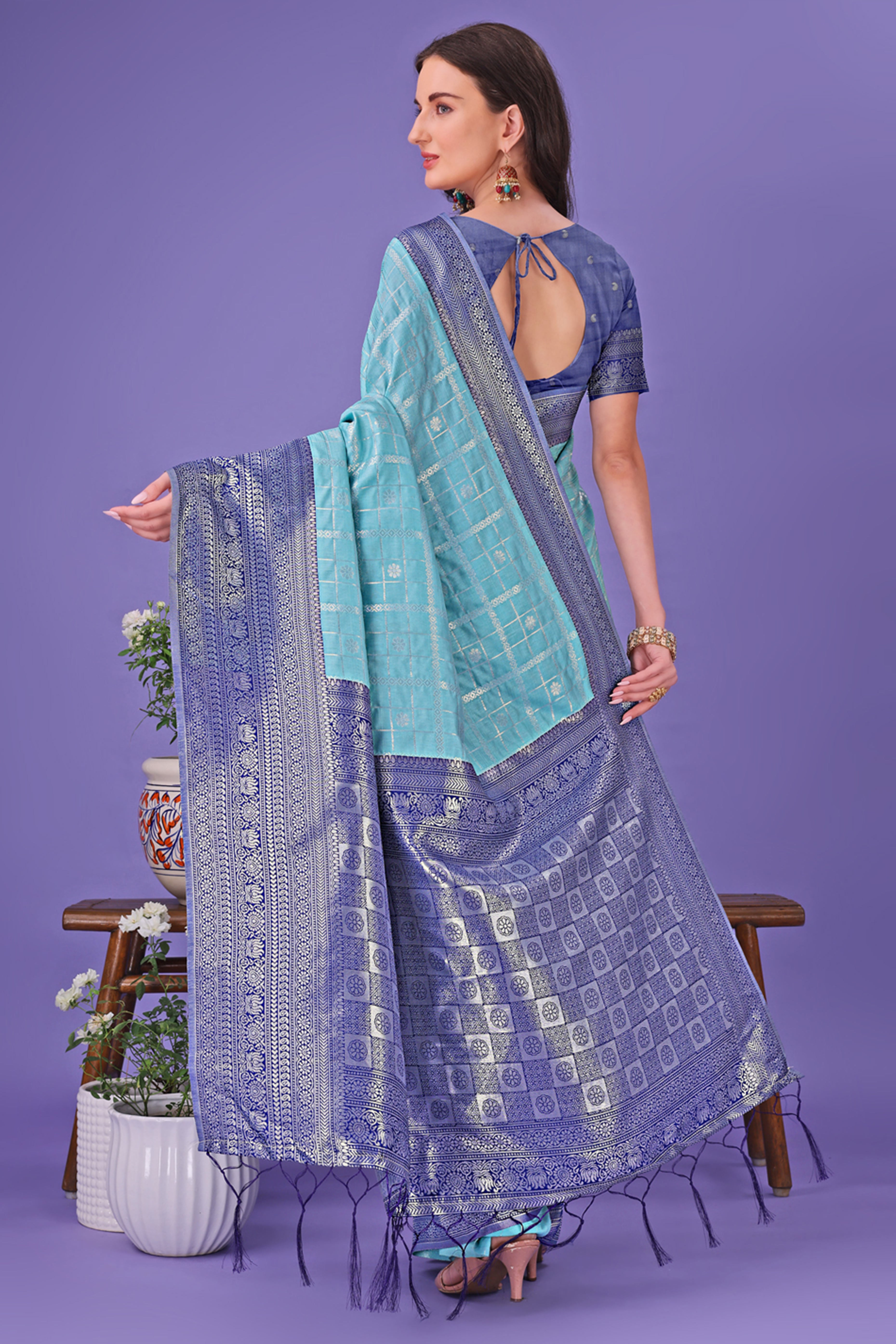 Sky Blue Banarasi Weave in Checked Design with Lustrous Zari Embellishments