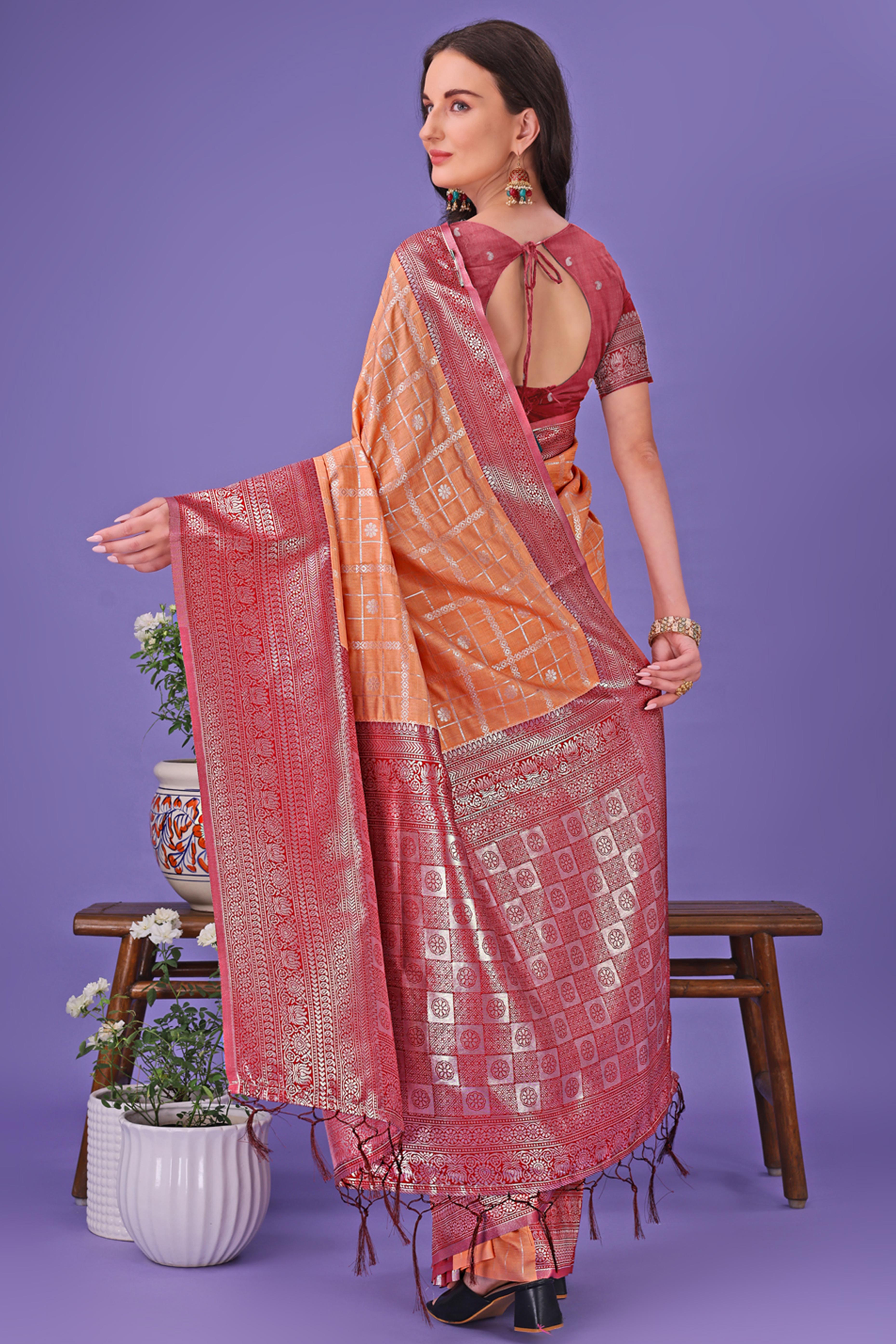Orange Banarasi Weave in Checked Design with Lustrous Zari Embellishments