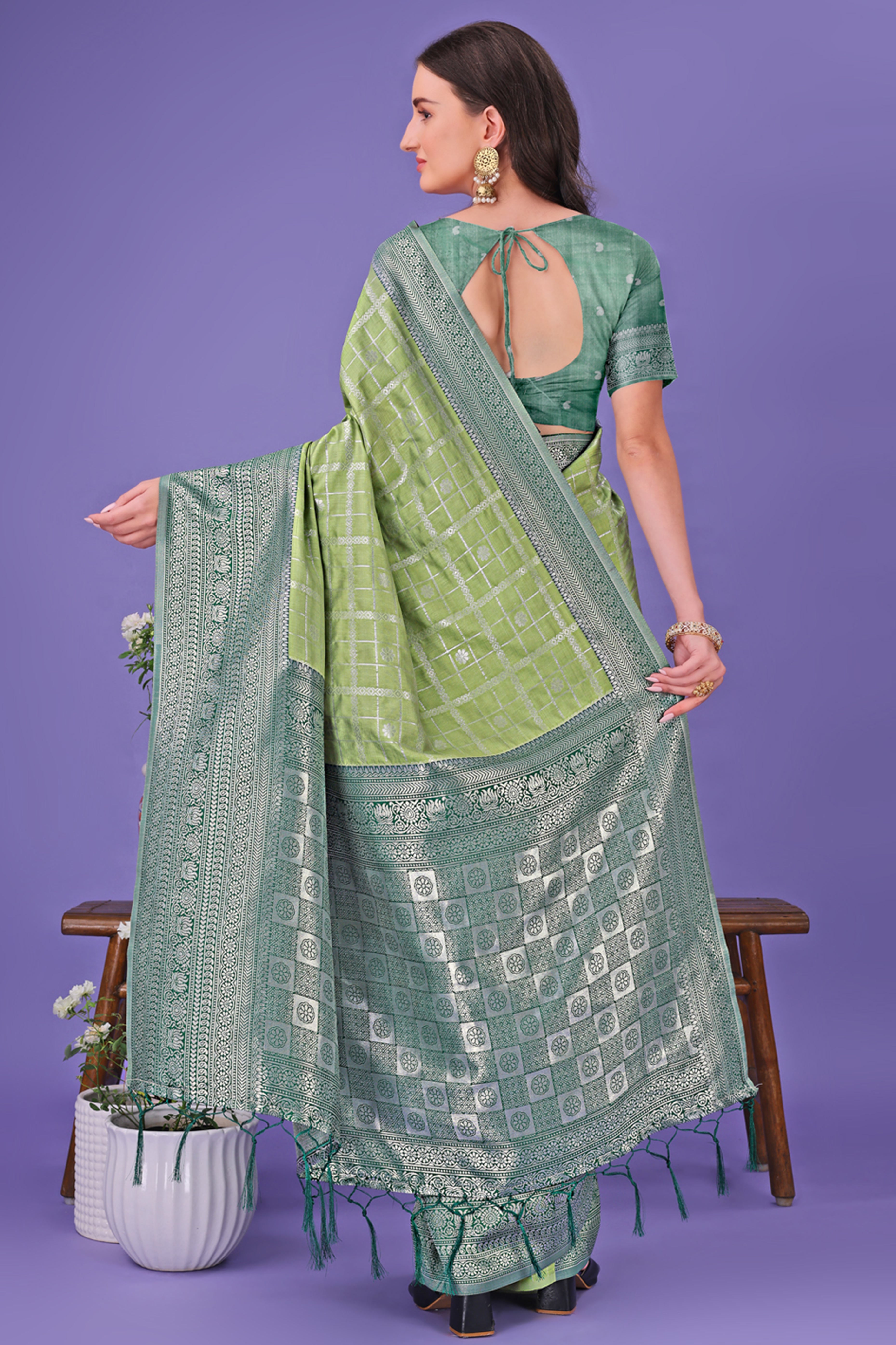 Light Green Banarasi Weave in Checked Design with Lustrous Zari Embellishments