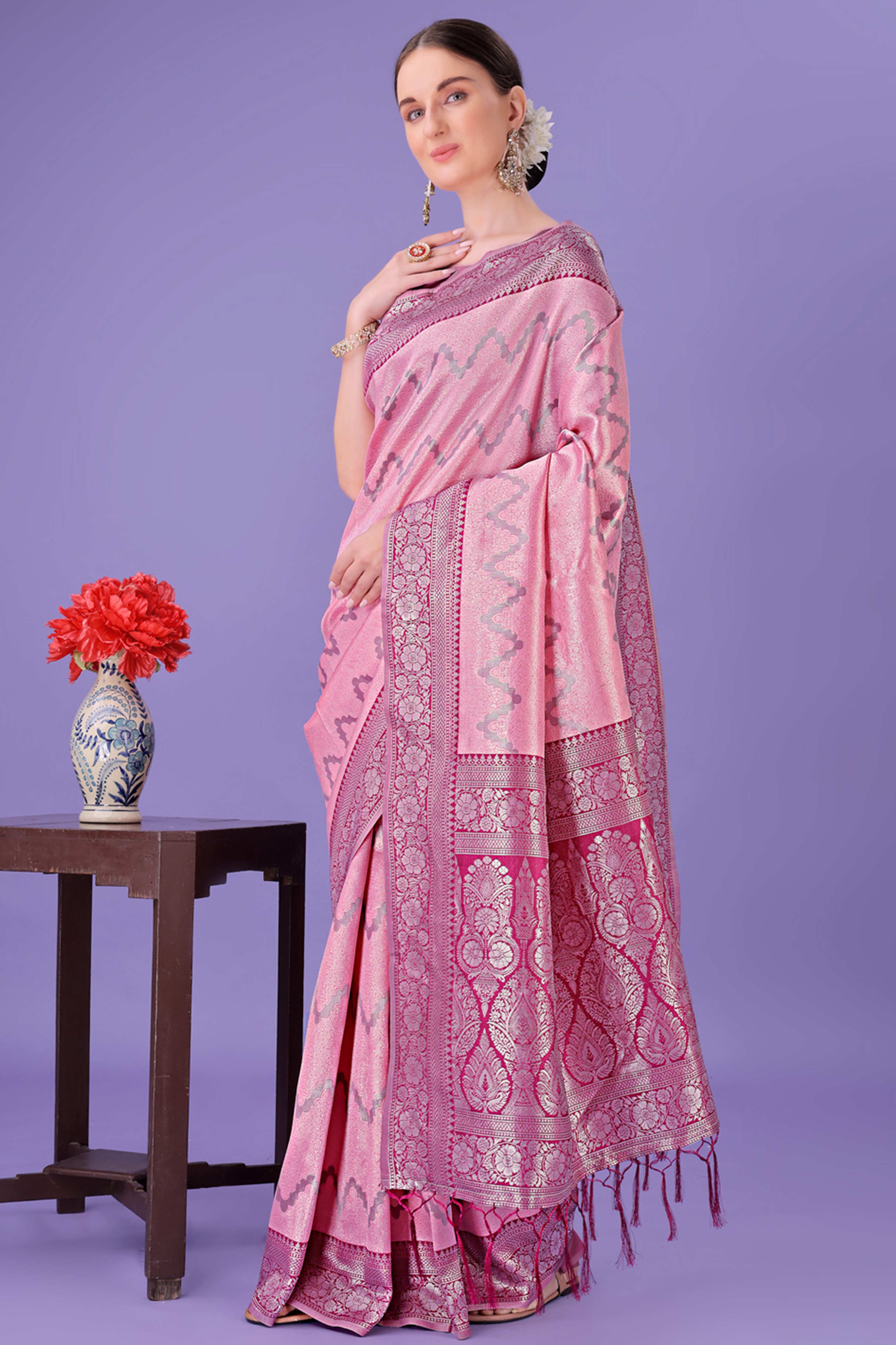 Light Pink Lichi Cotton Silk Saree Adorned With Floral Zari Weave & Tassels