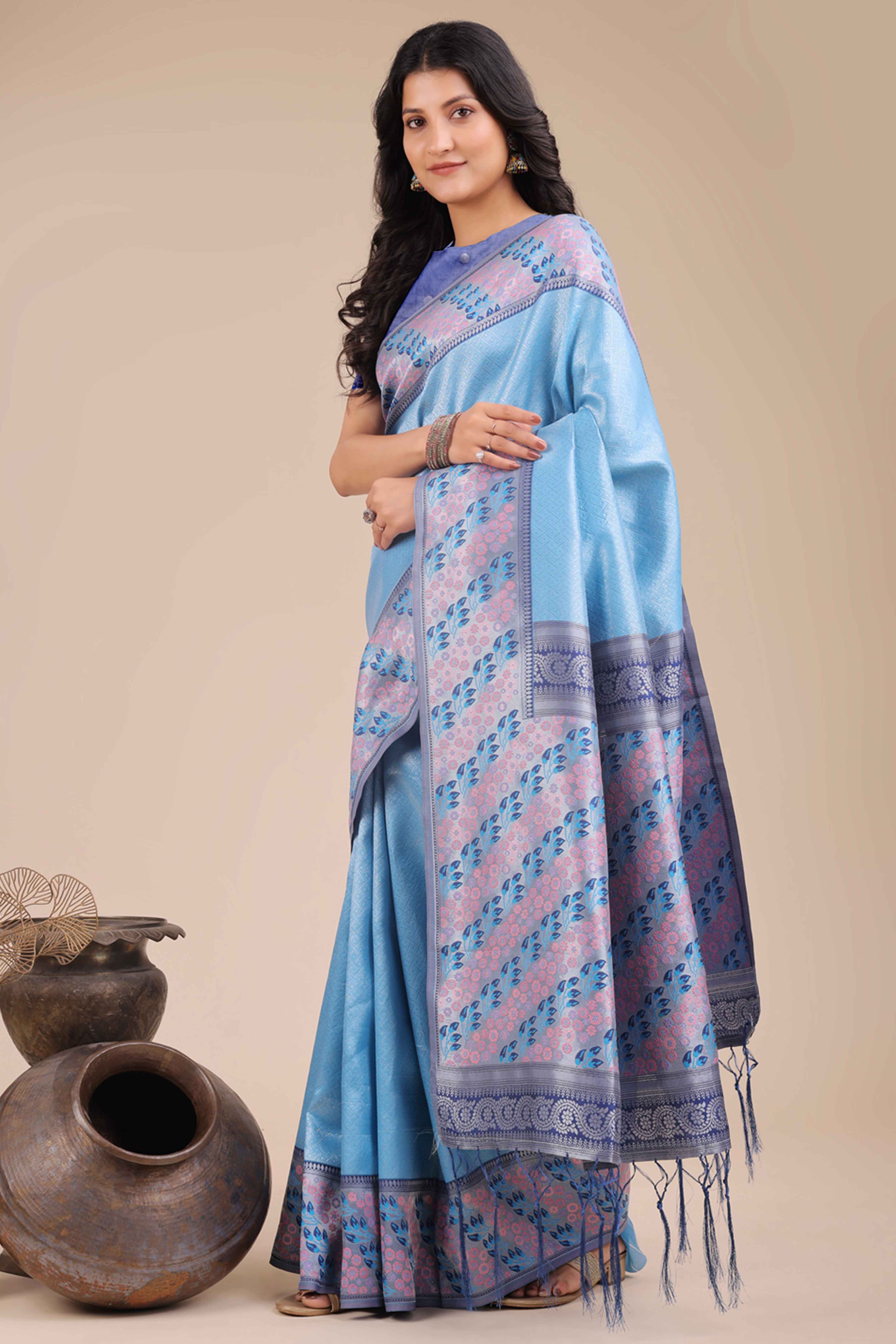 Blue Silk Blend Saree Embellished With Zari Weaving & Tassel Accents