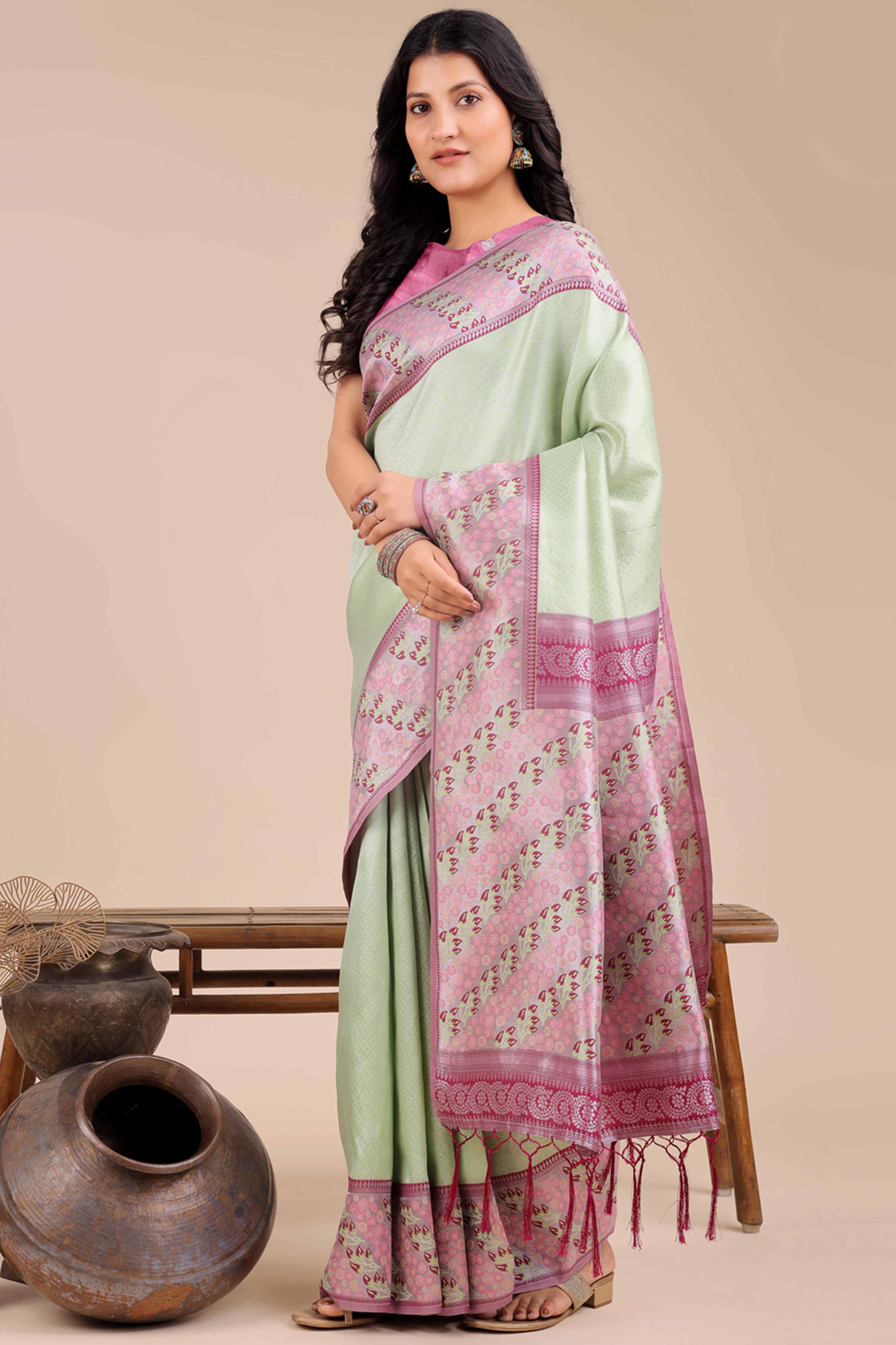 Light Green Silk Blend Saree Embellished With Zari Weaving & Tassel Accents