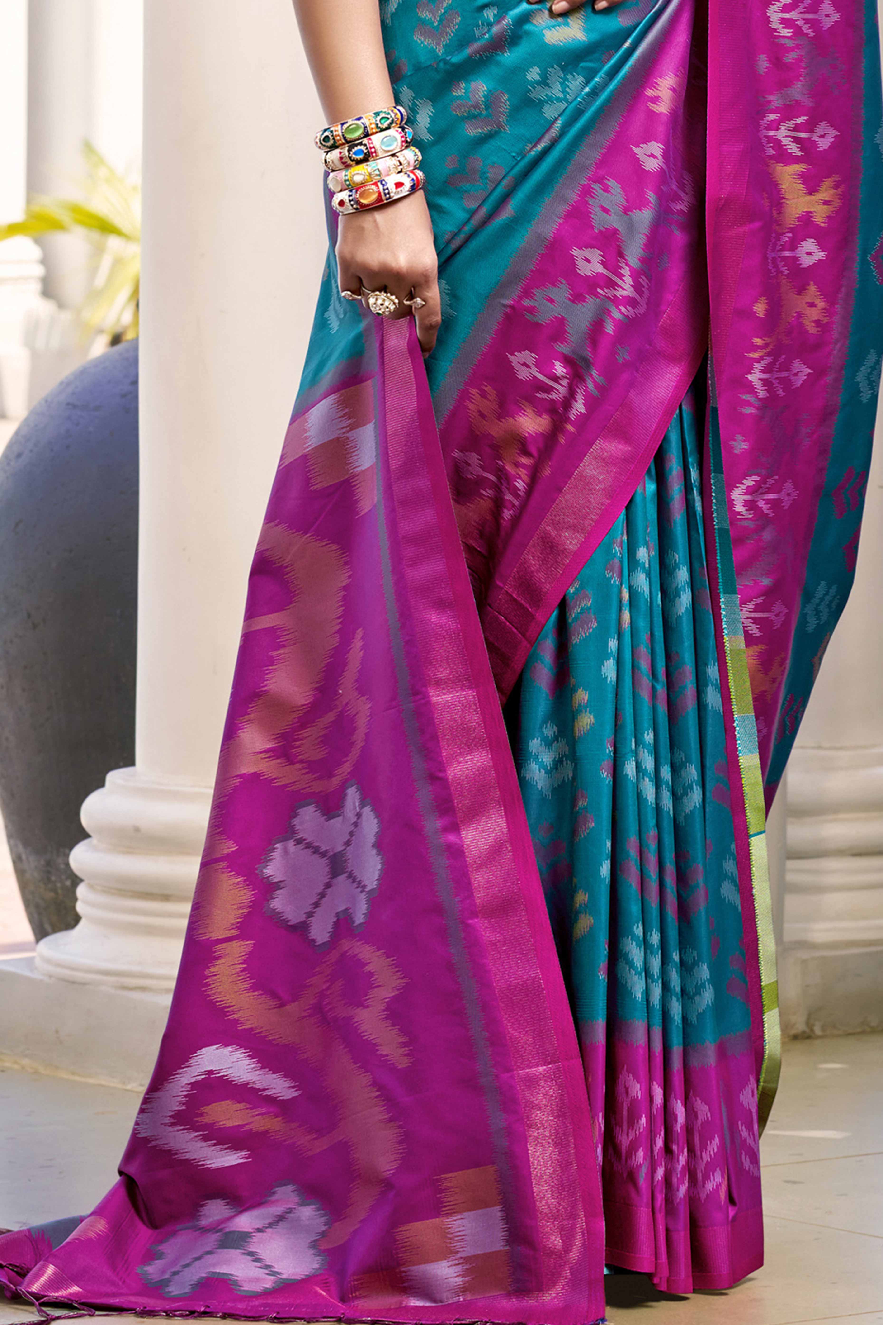 Sky Blue Ikat Woven Silk Saree for Festive Celebrations