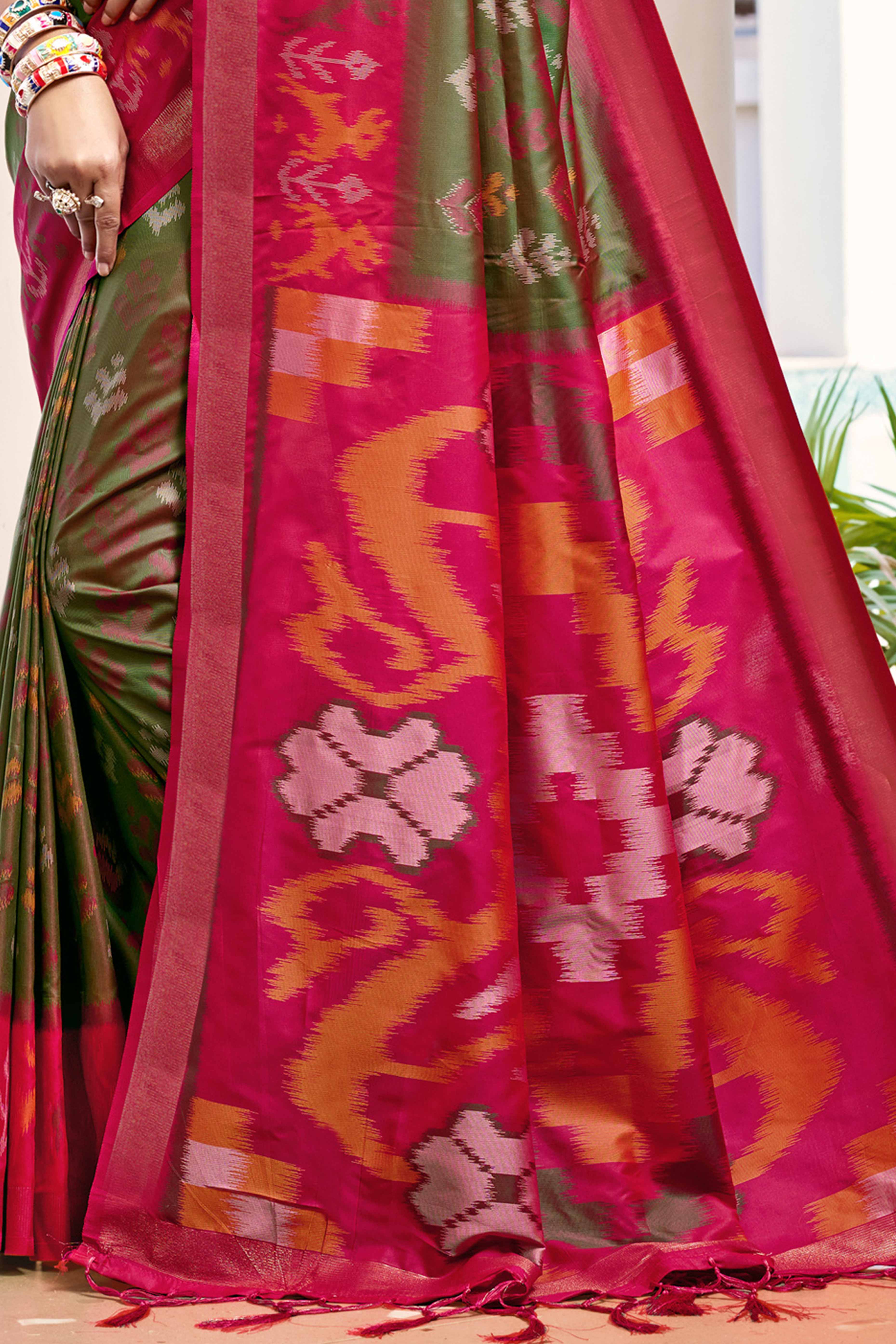 Olive Green Ikat Woven Silk Saree for Festive Celebrations
