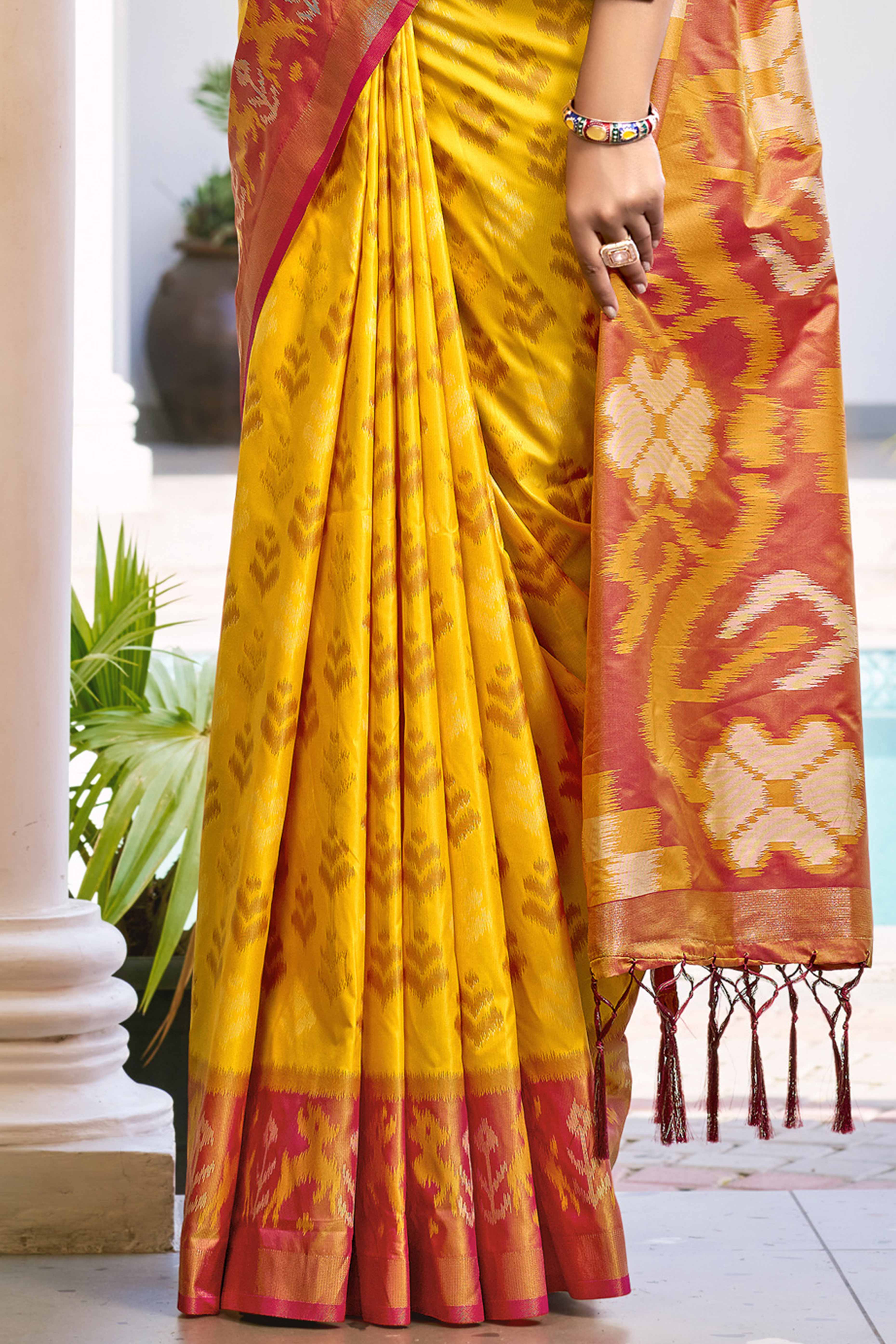 Mustard Yellow Ikat Woven Silk Saree for Festive Celebrations