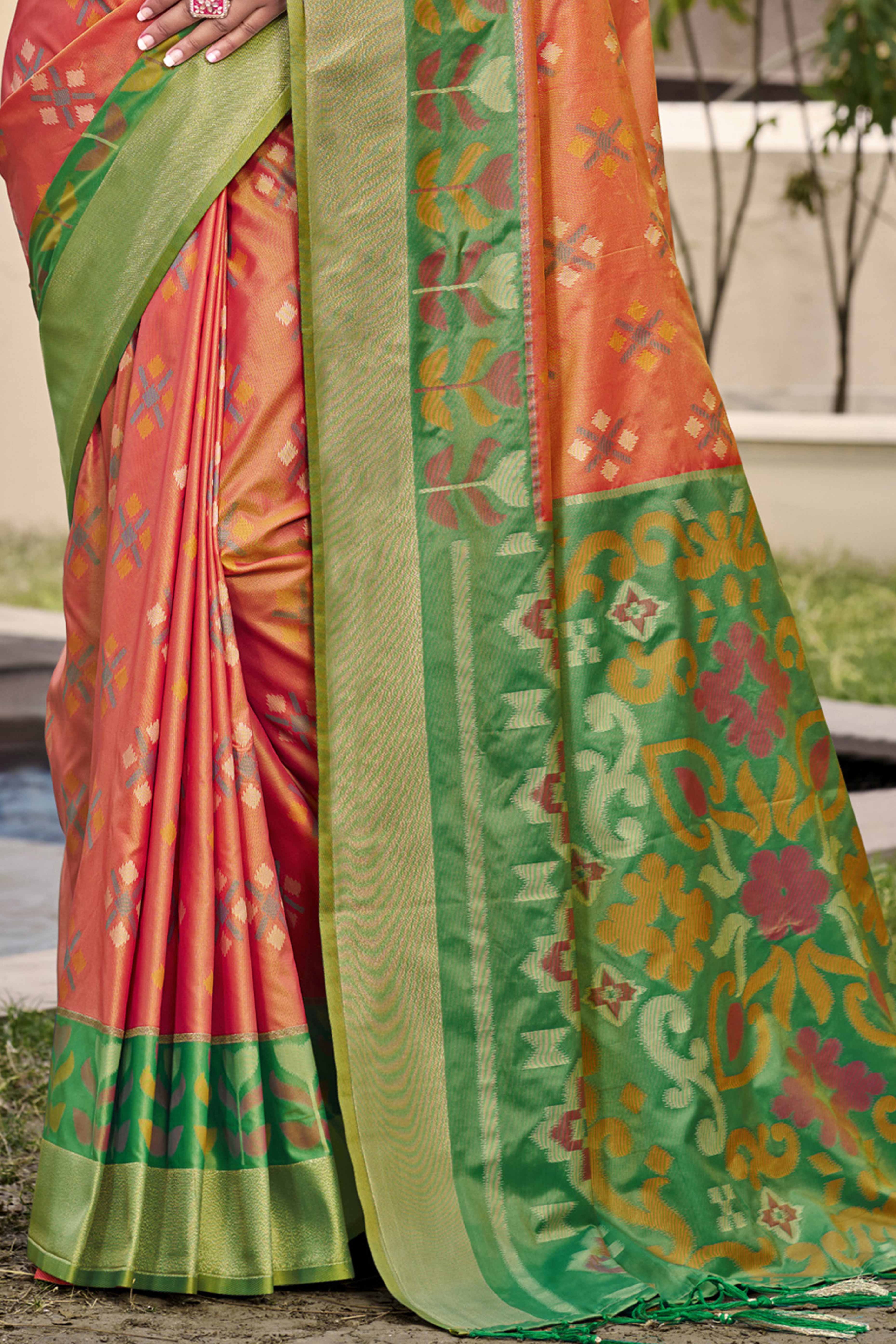 Orange Ikat Woven Silk Saree for Festive Celebrations