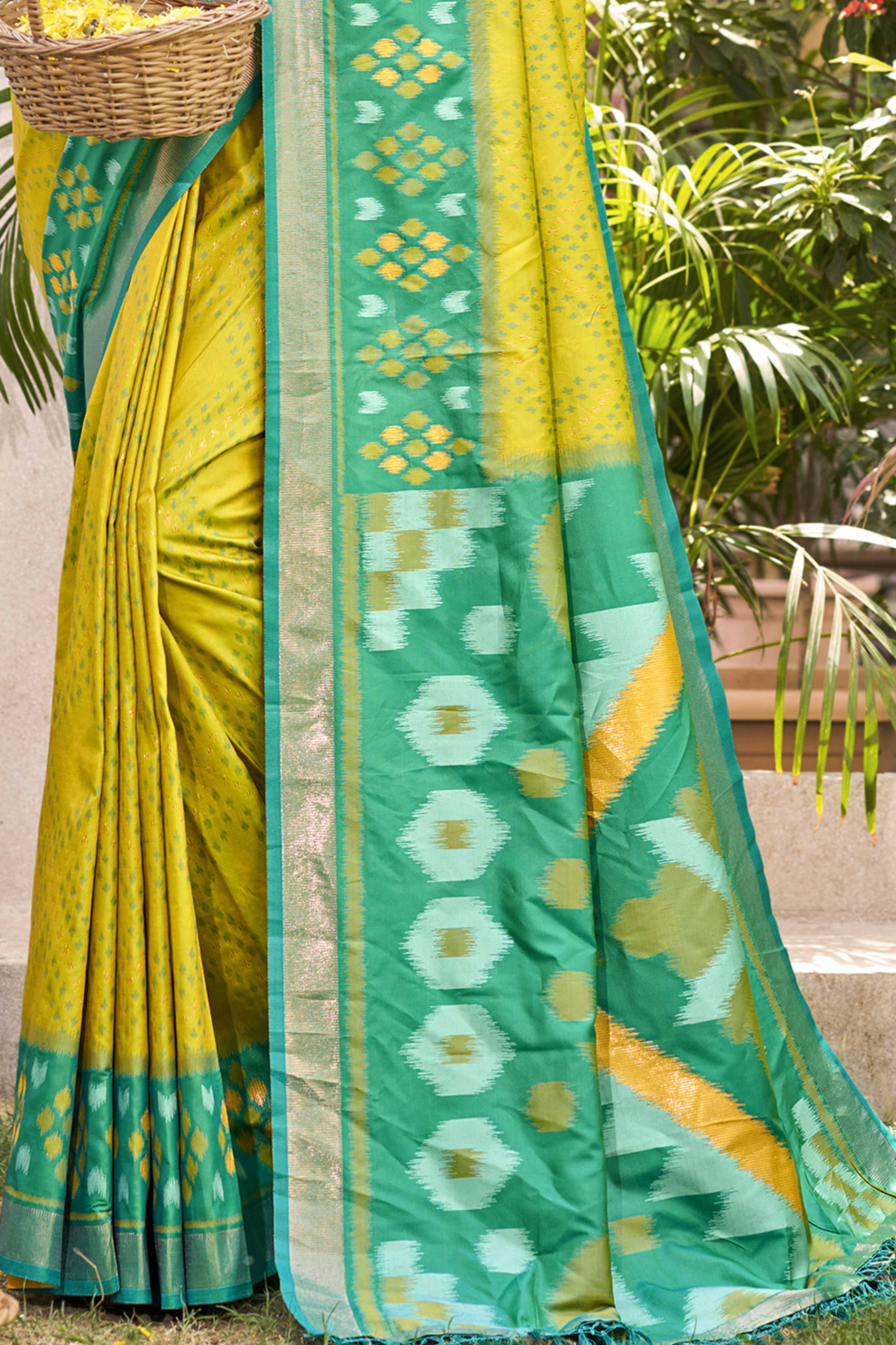Lemon Yellow Ikkat Woven Silk Saree for Festive Celebrations