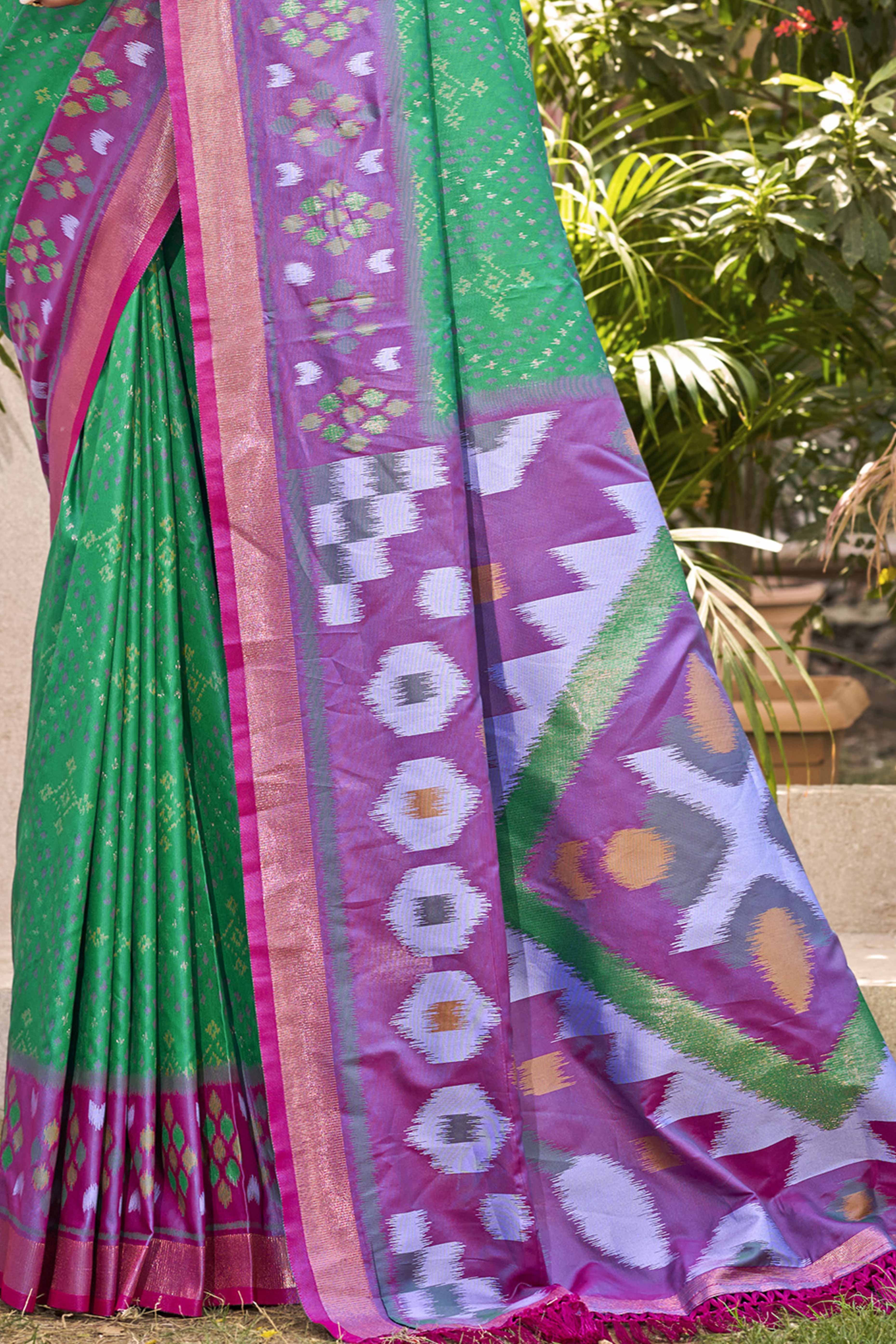 Rama Green Ikkat Woven Silk Saree for Festive Celebrations