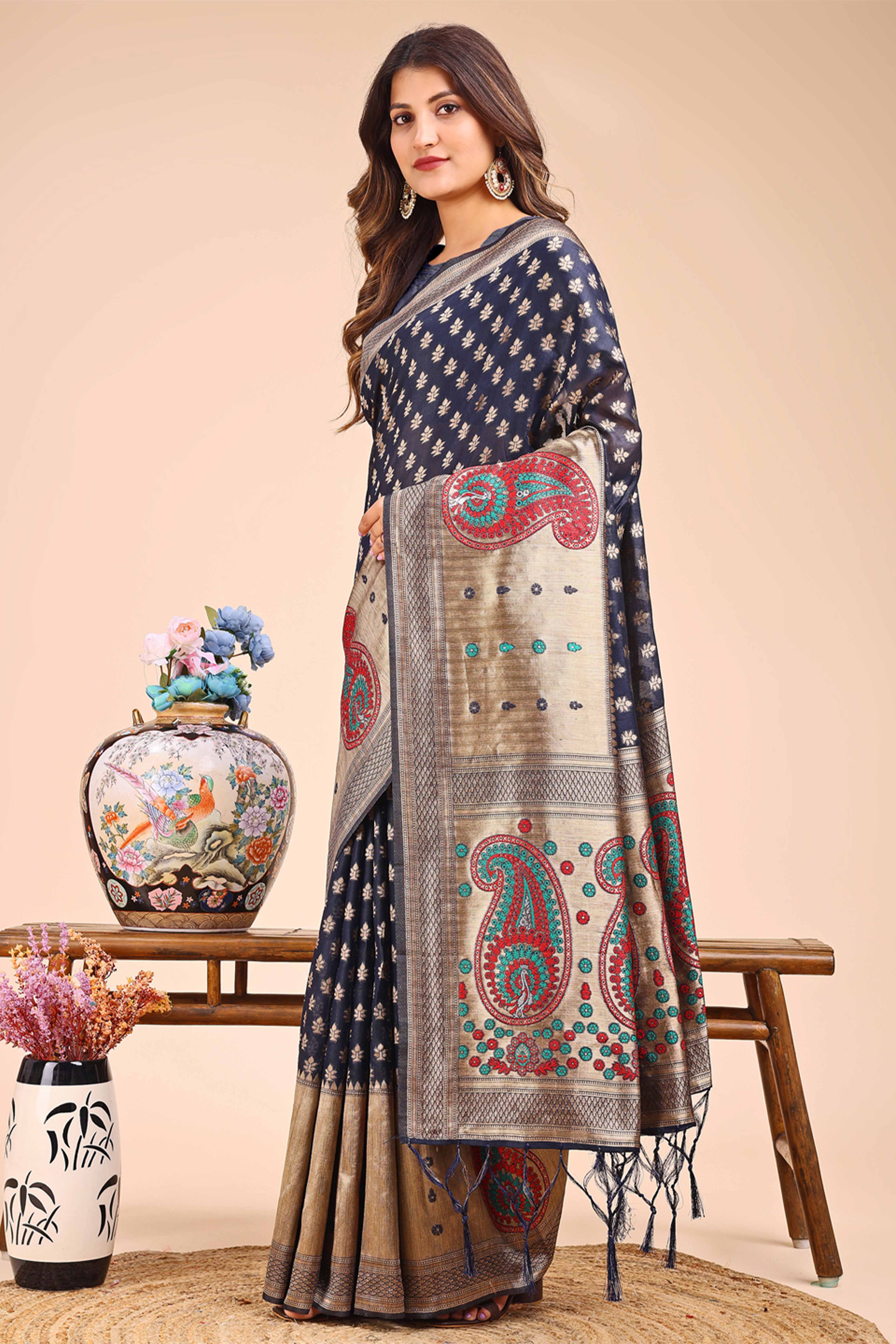 Navy Blue Zari Butti Weaving Linen Cotton Saree