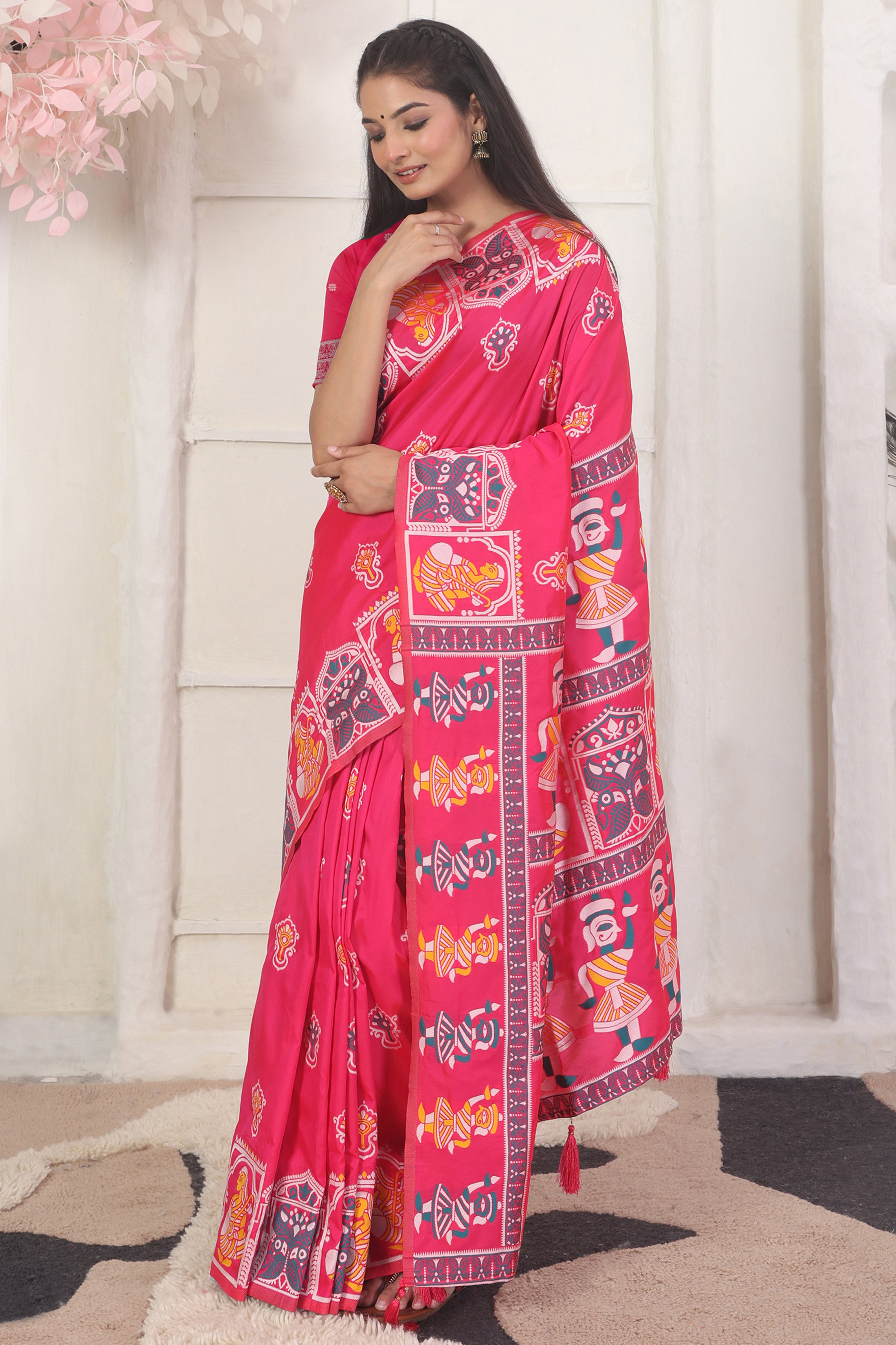 Pink Ethnic Madhubani Print Silk Blend Saree Enhanced With Tassel Pallu Accents