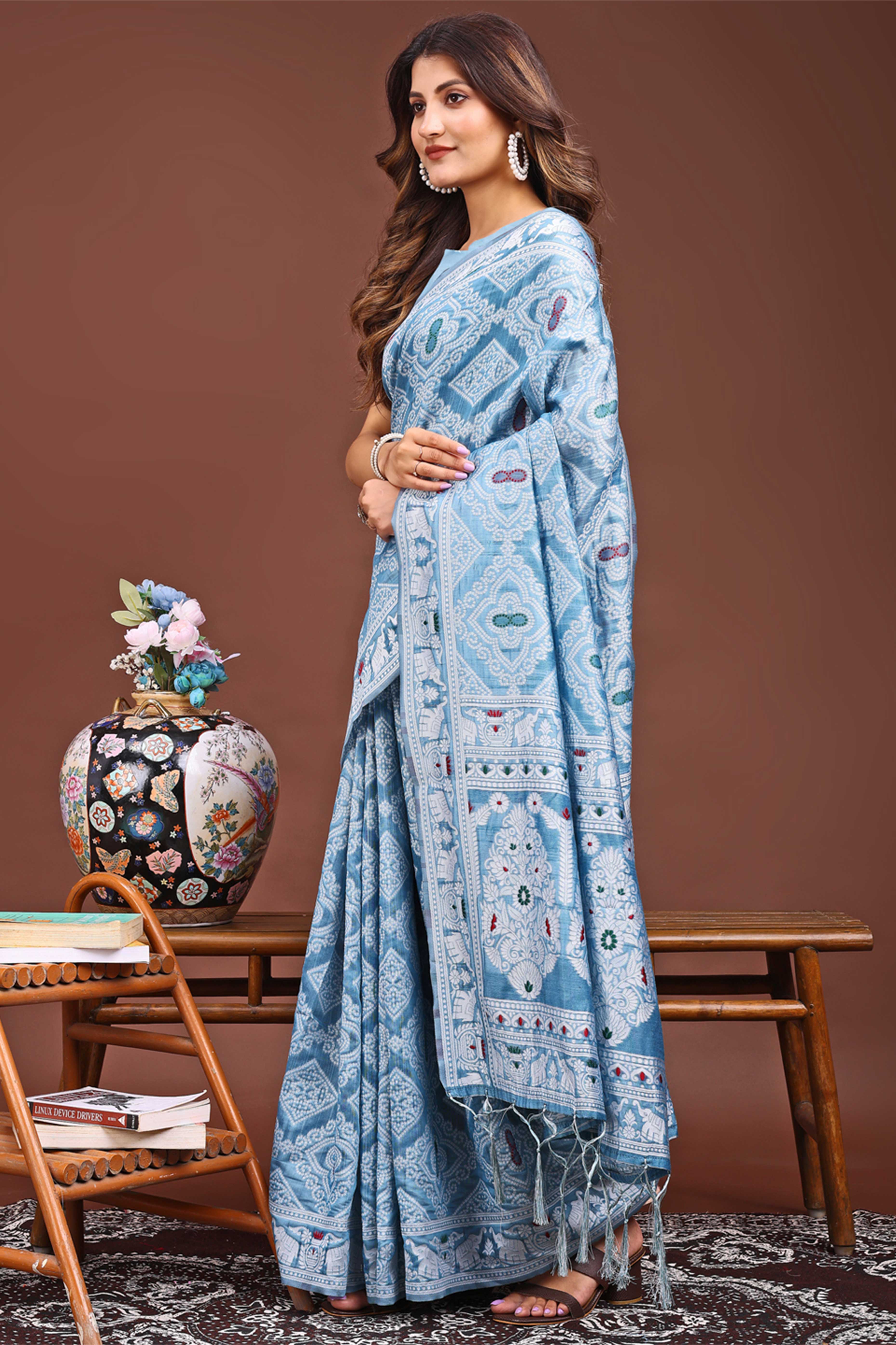 Traditional Bandhani Inspired Woven Sky Blue Saree in Breathable Linen Cotton
