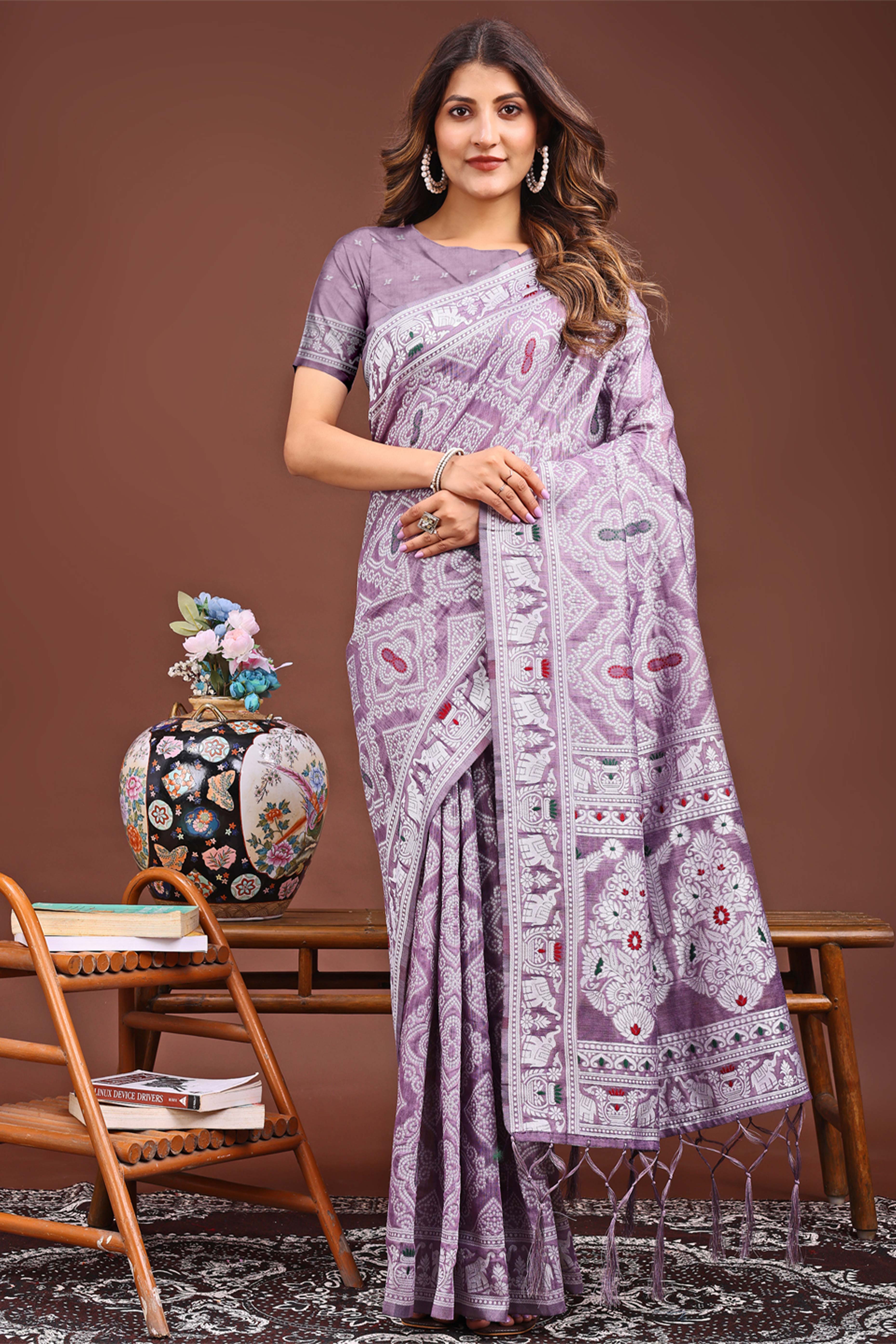 Traditional Bandhani Inspired Woven Purple Saree in Breathable Linen Cotton