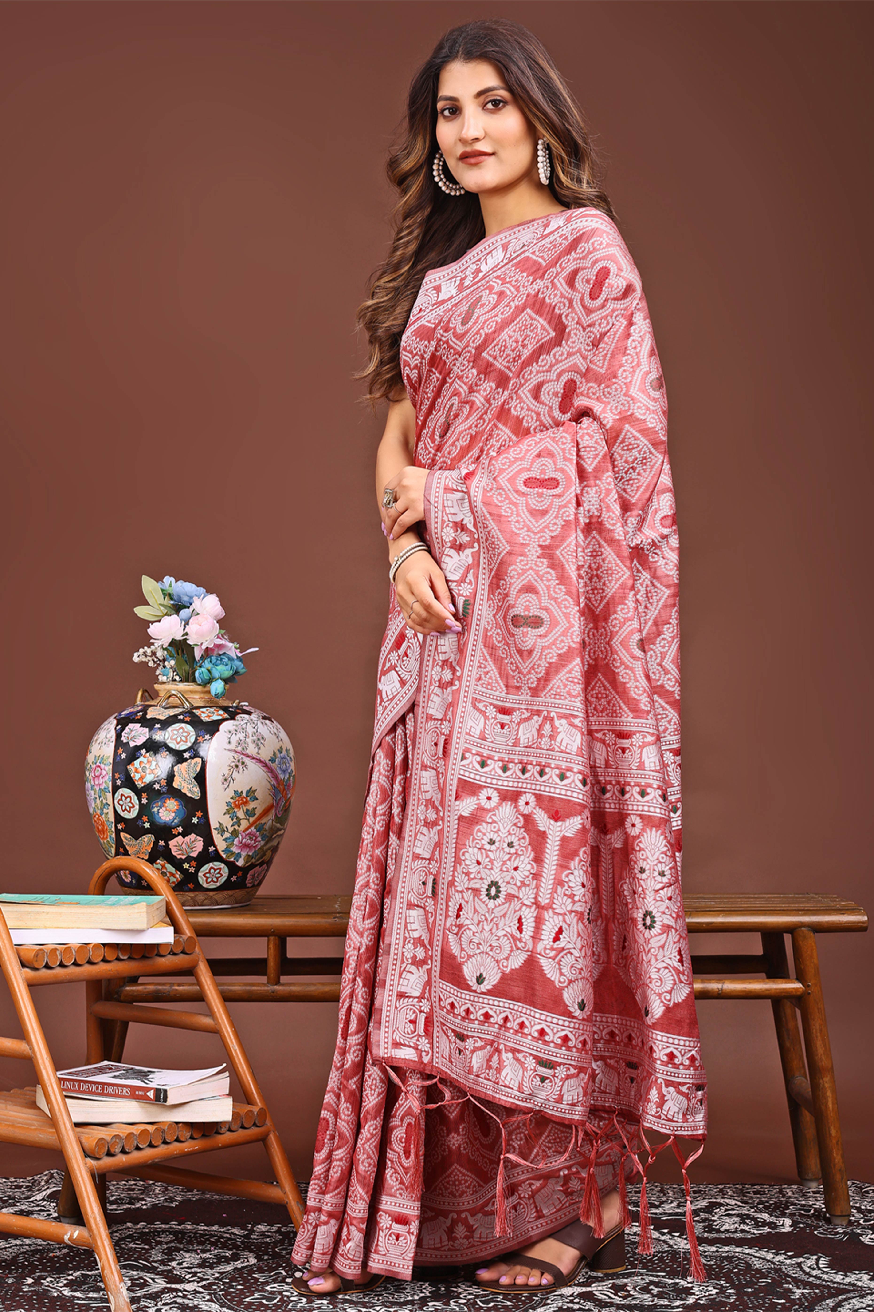 Traditional Bandhani Inspired Woven Peach Saree in Breathable Linen Cotton