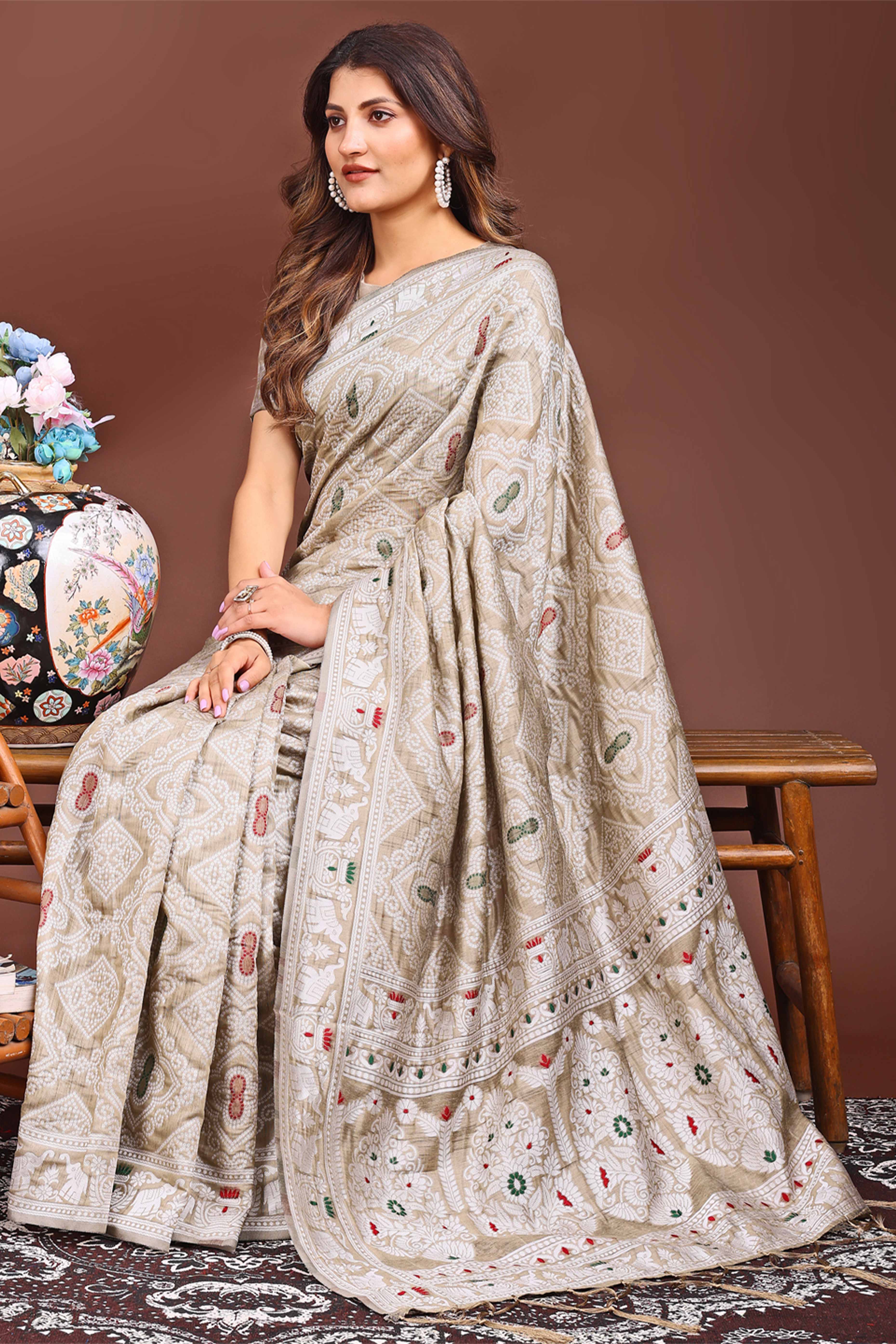 Traditional Bandhani Inspired Woven Beige Saree in Breathable Linen Cotton