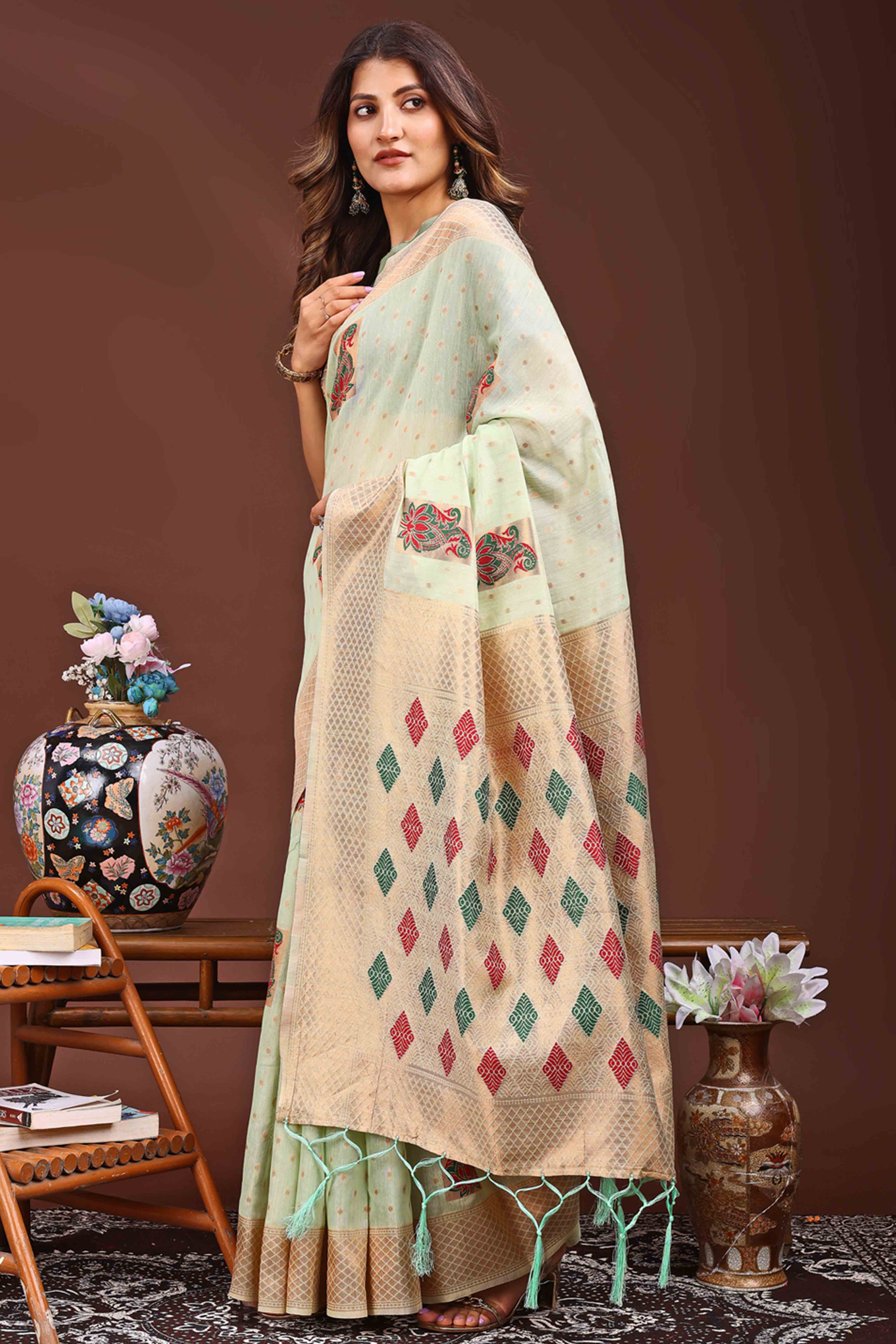 Light Green Floral Zari Weaving Linen Cotton Saree With Tassel Pallu Accent