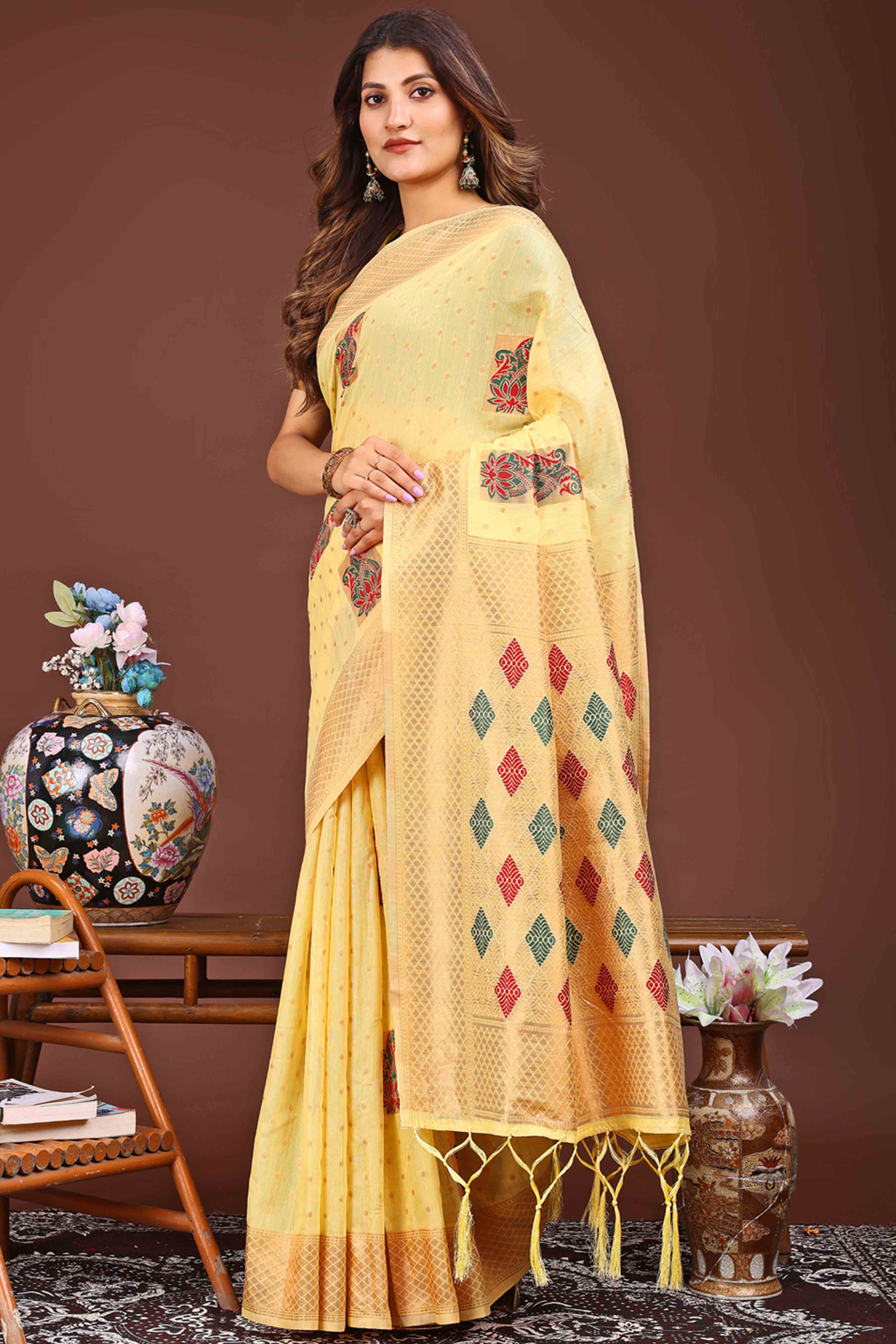 Yellow Floral Zari Weaving Linen Cotton Saree With Tassel Pallu Accent