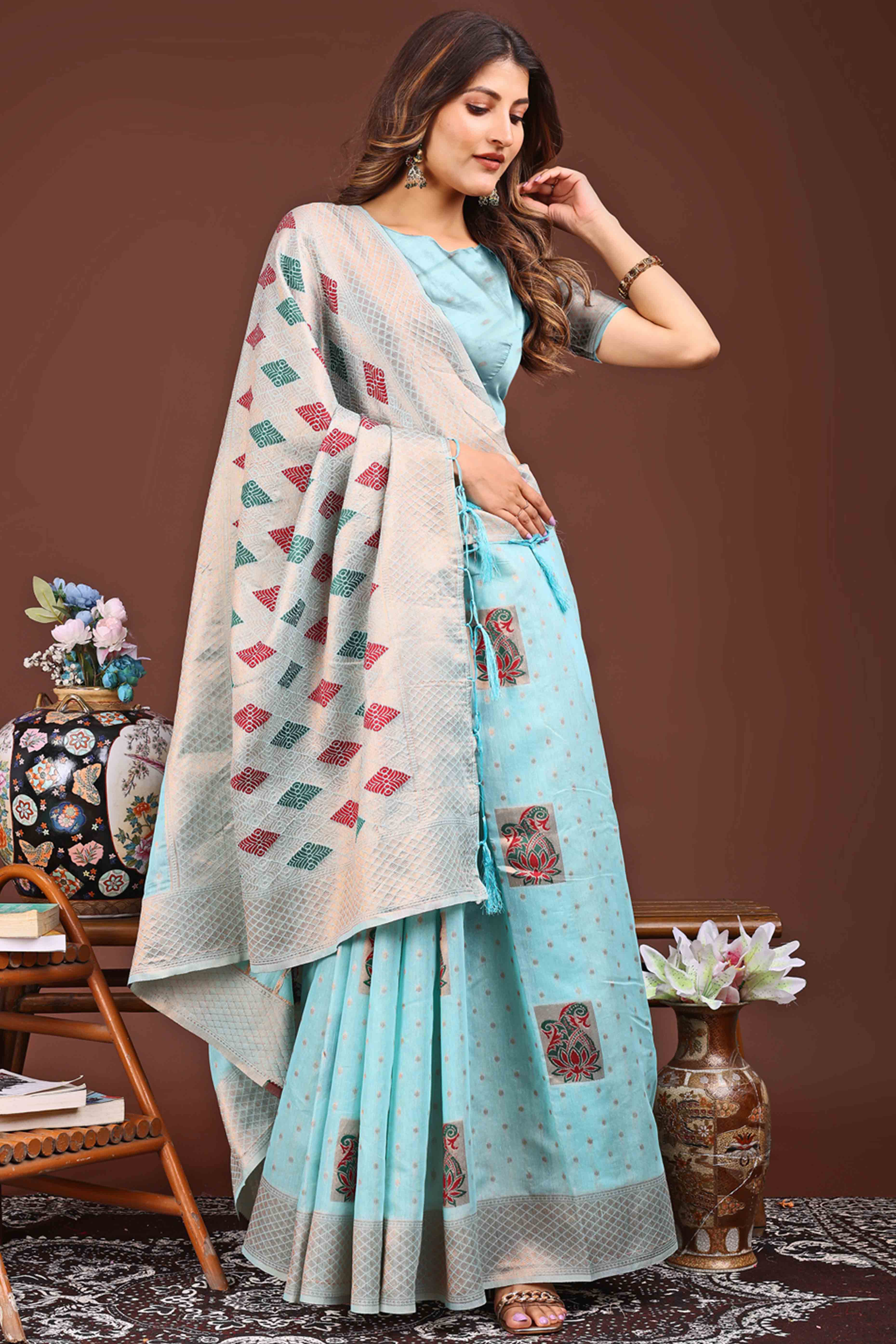 Sky Blue Floral Zari Weaving Linen Cotton Saree With Tassel Pallu Accent