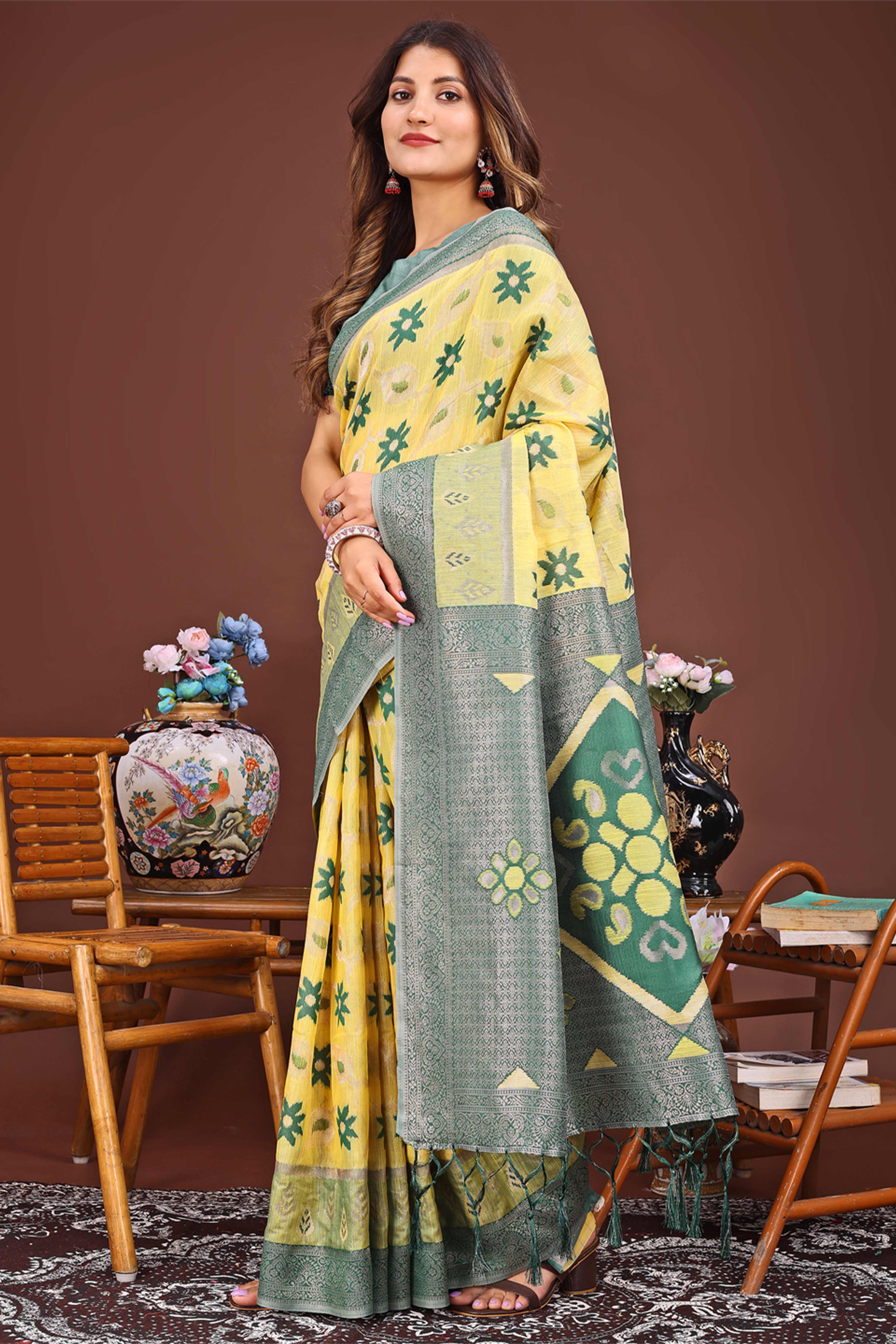 Yellow Ethnic Saree in Linen Cotton Fabric with Intricate Floral Pattern Weaving