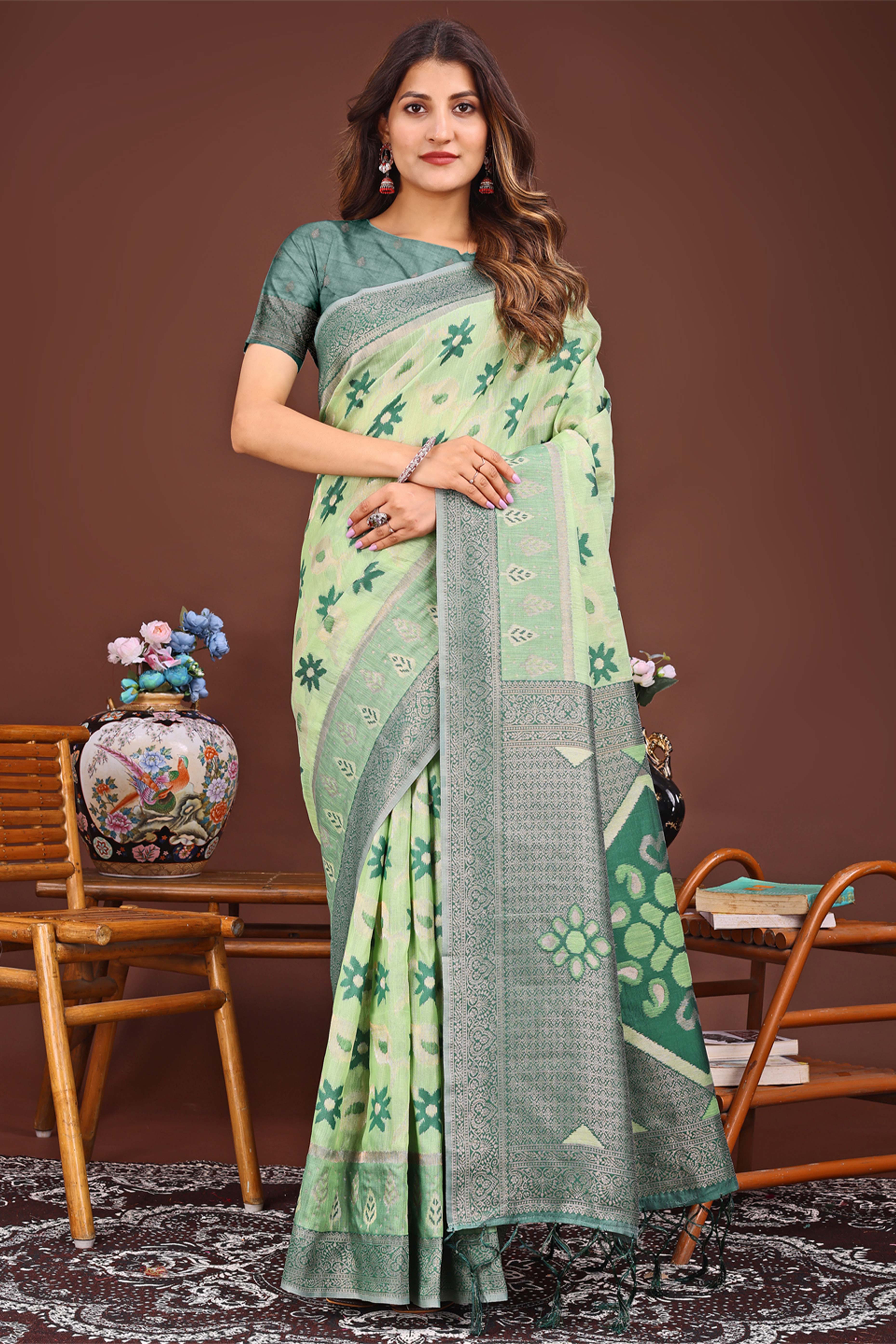 Light Green Ethnic Saree in Linen Cotton Fabric with Intricate Floral Pattern Weaving