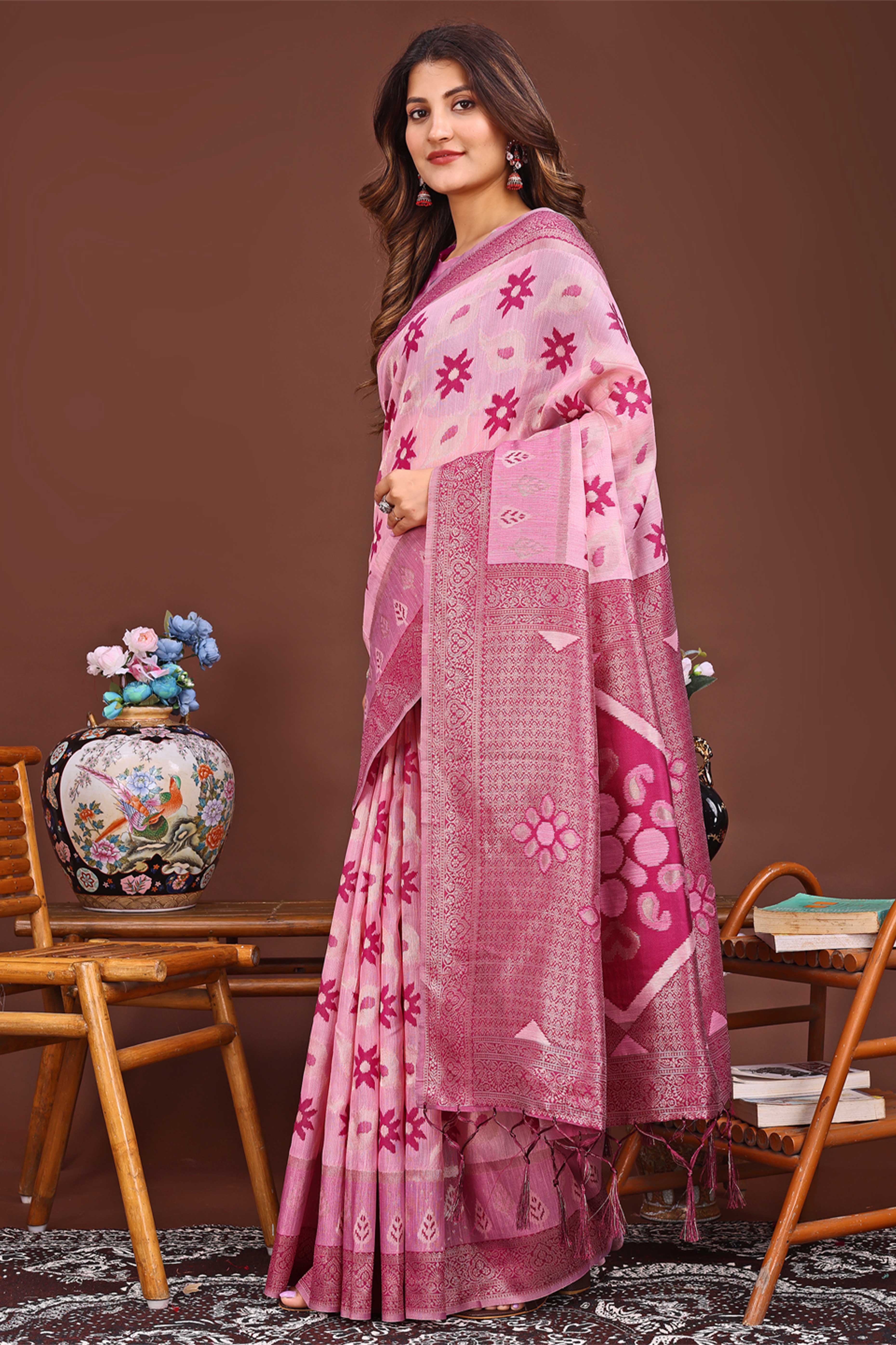 Pink Ethnic Saree in Linen Cotton Fabric with Intricate Floral Pattern Weaving