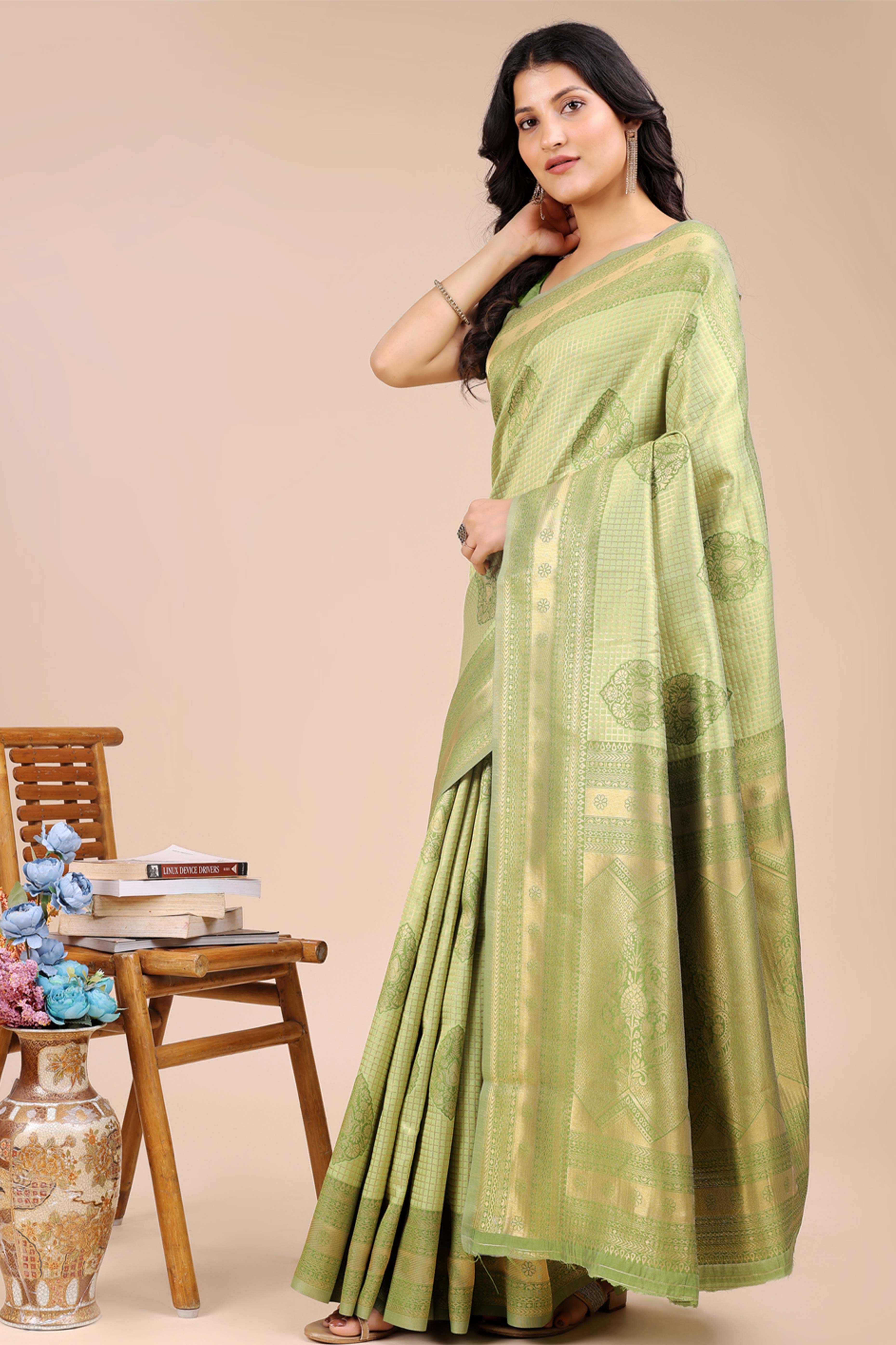 Light Green Saree in Pure Banarasi Silk with Intricate Zari Borders and Motifs