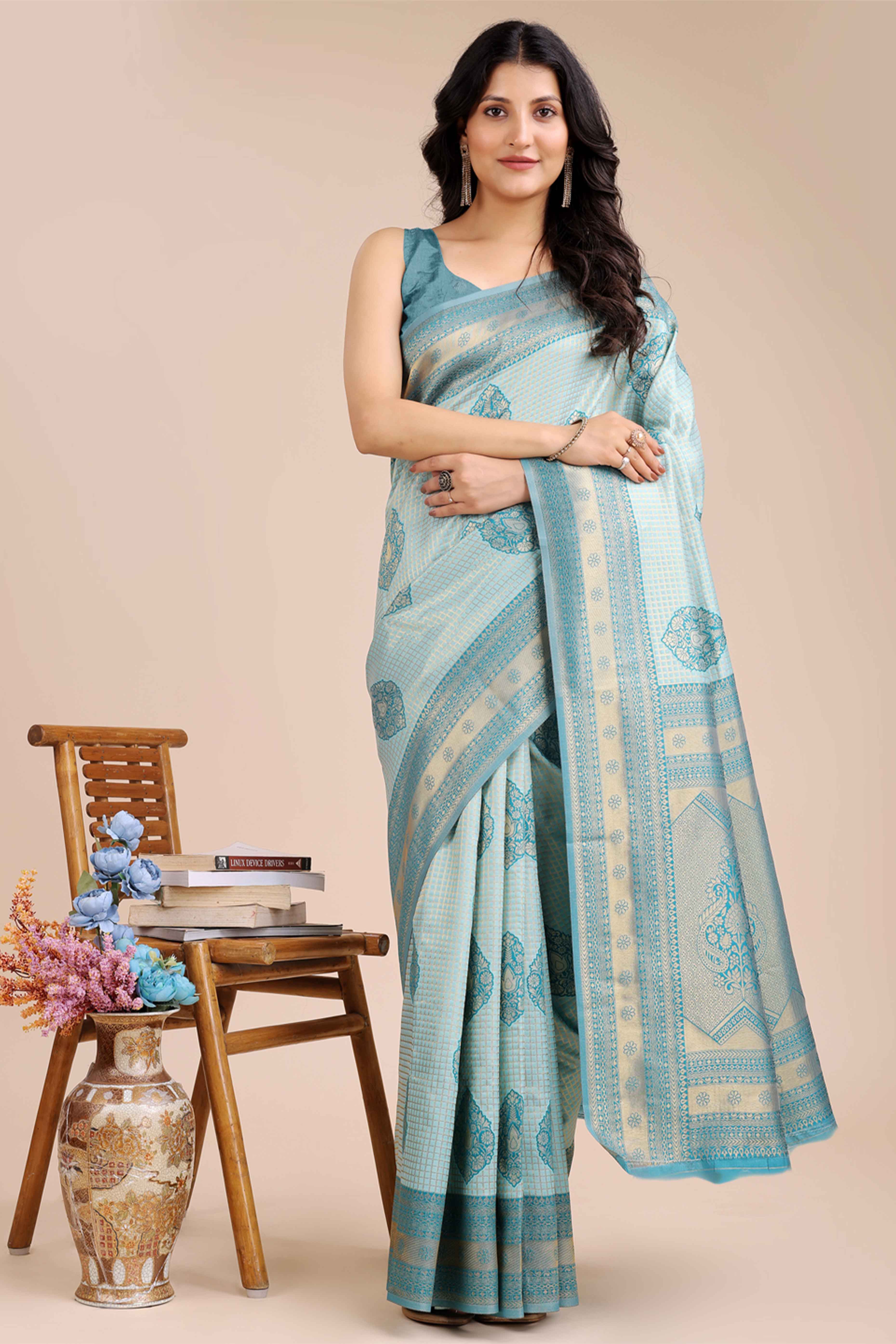 Sea Green Saree in Pure Banarasi Silk with Intricate Zari Borders and Motifs
