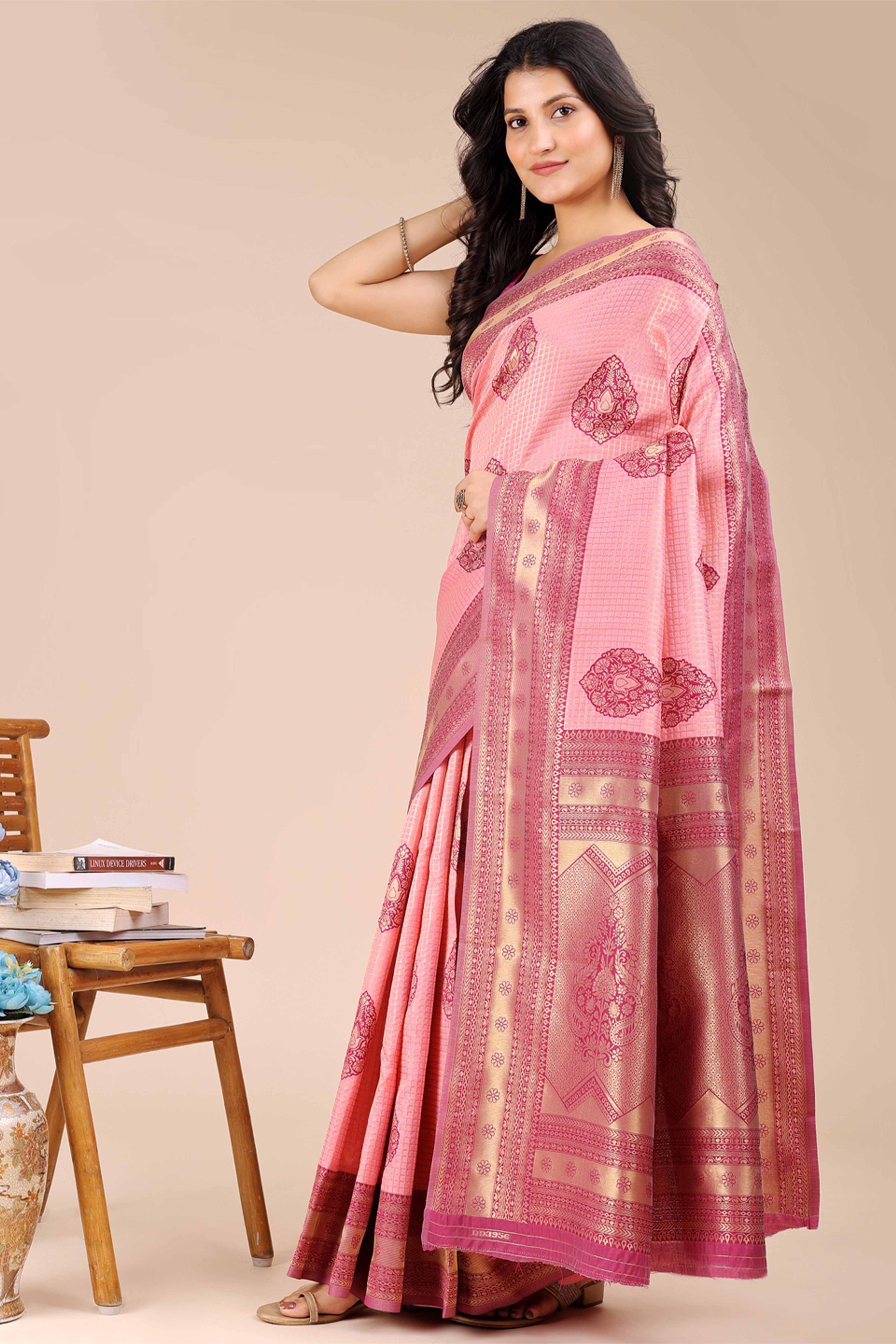 Light Pink & Magenta Saree in Pure Banarasi Silk with Intricate Zari Borders and Motifs