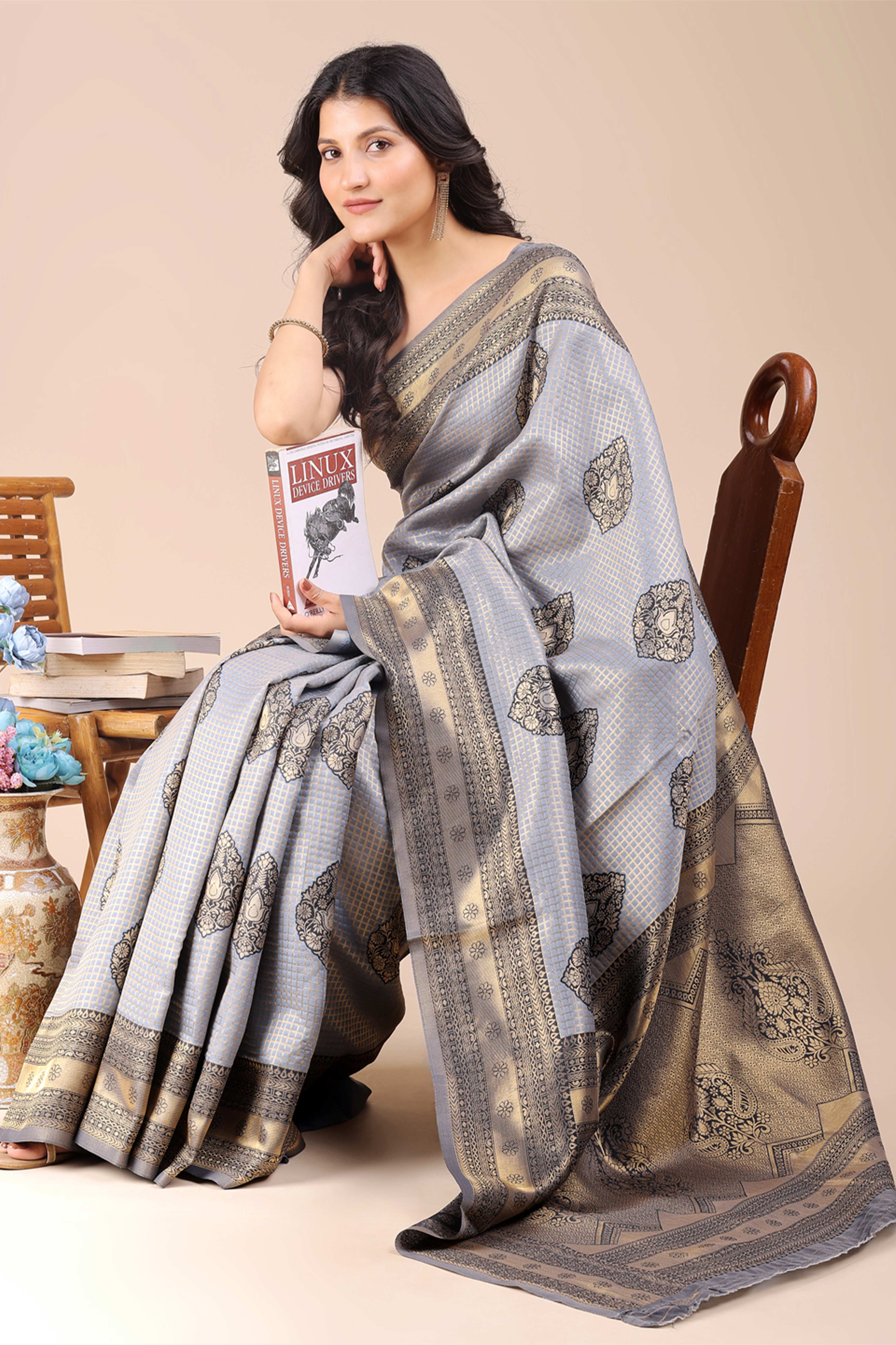 Grey Saree in Pure Banarasi Silk with Intricate Zari Borders and Motifs