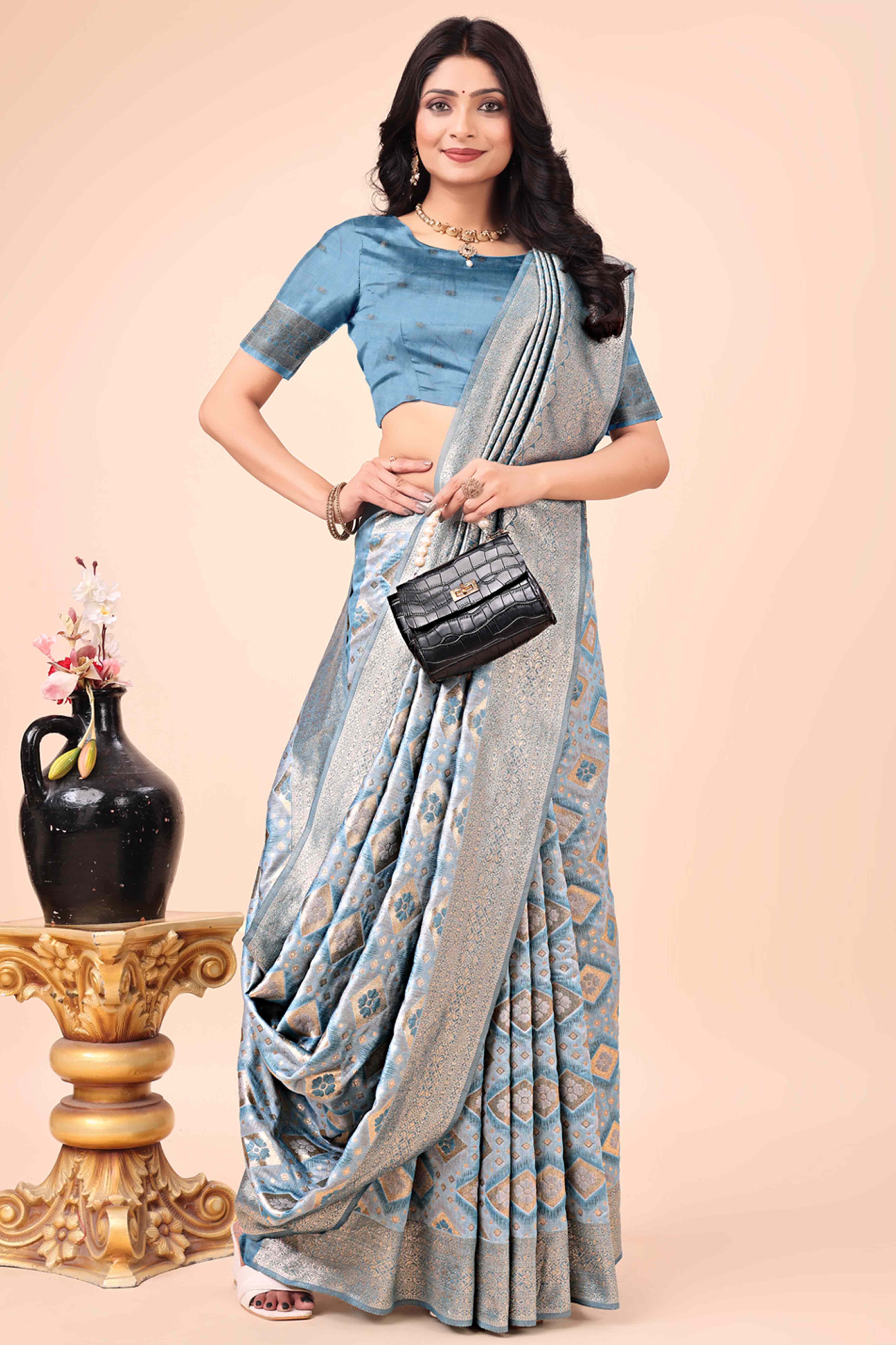 Floral Weaving On Bluish Grey Cotton Blend Saree With Tassels