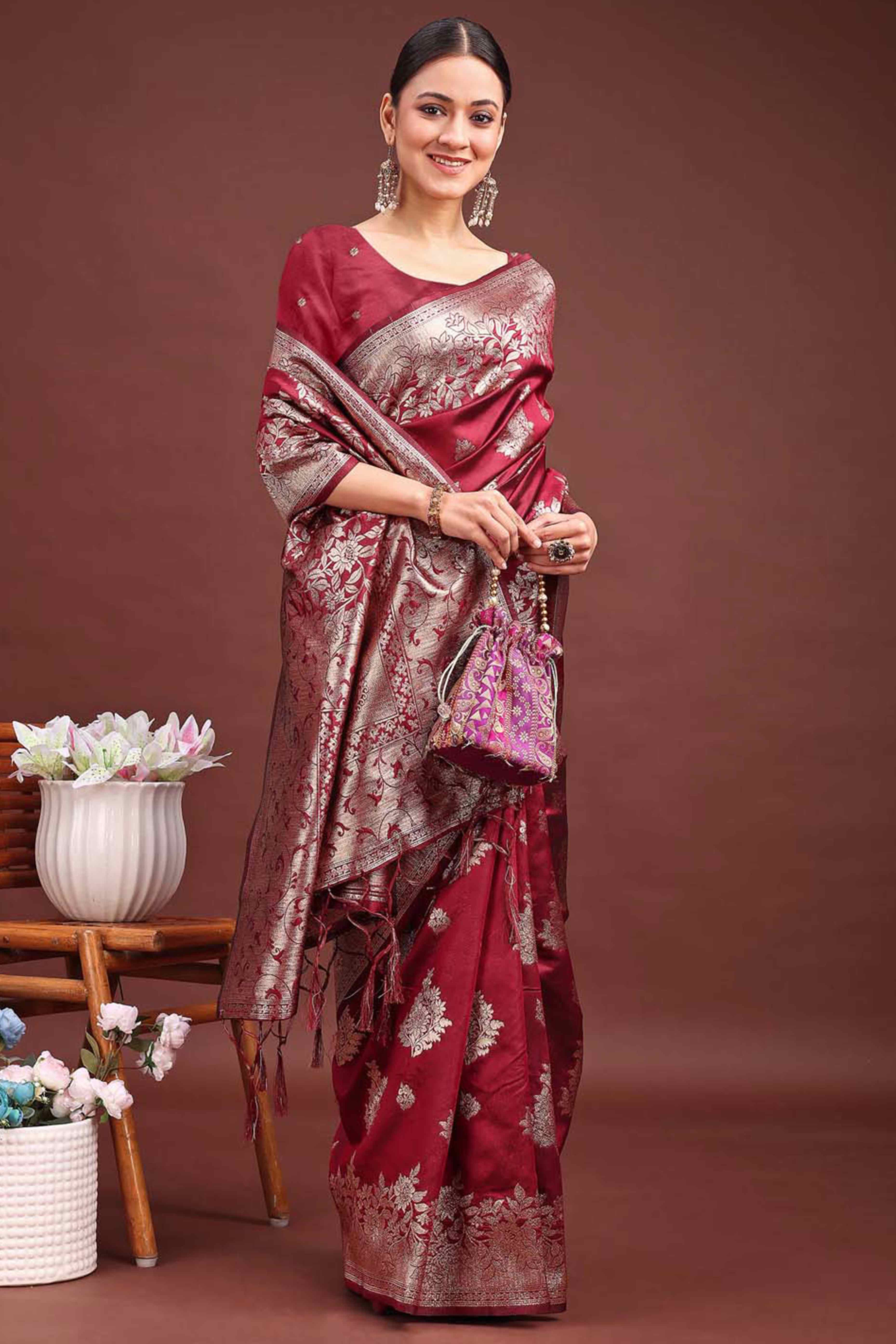 Maroon Banarasi Silk Saree With Floral Zari Weaving & Elegant Tassels