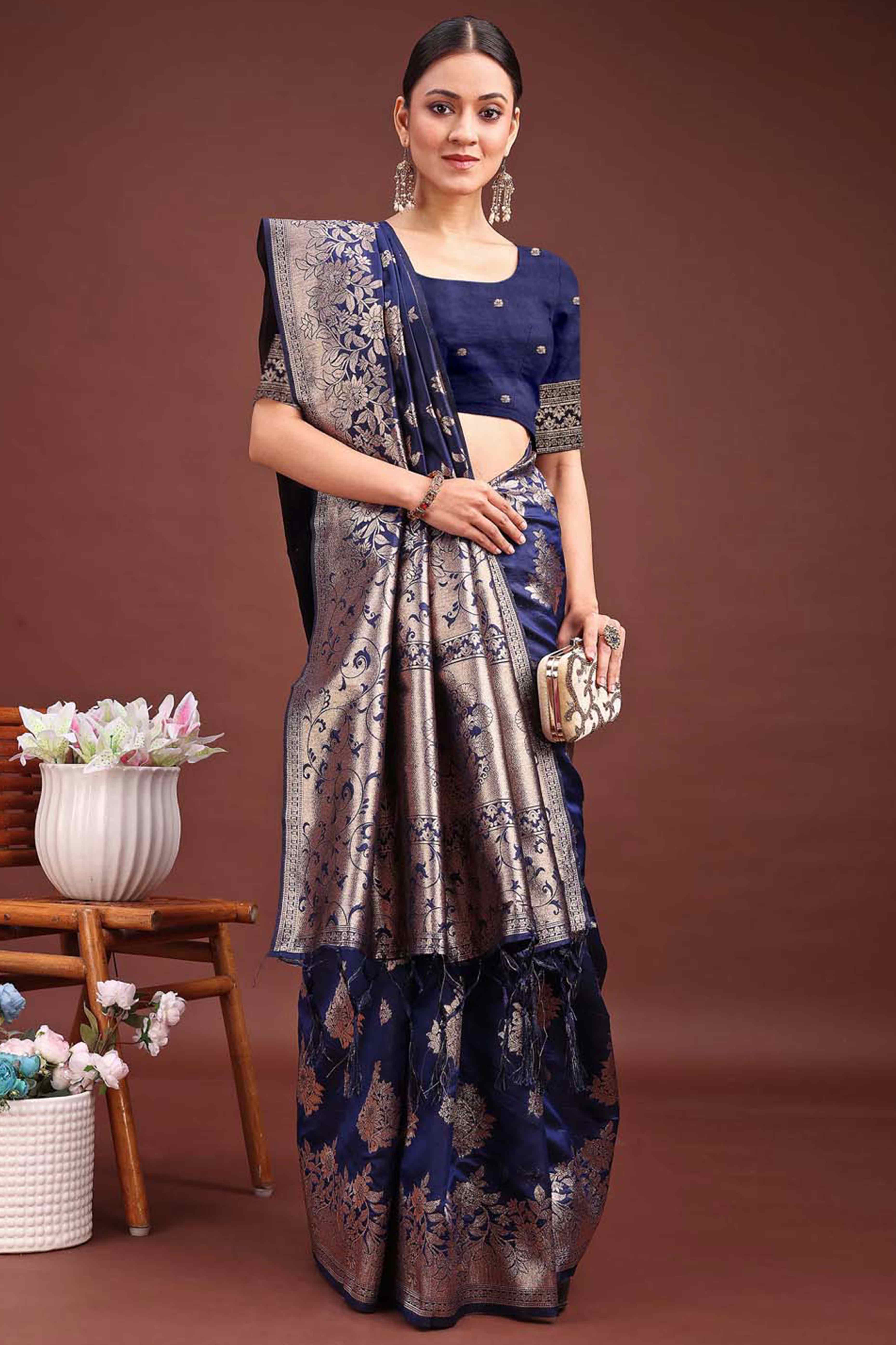 Navy Blue Banarasi Silk Saree With Floral Zari Weaving & Elegant Tassels