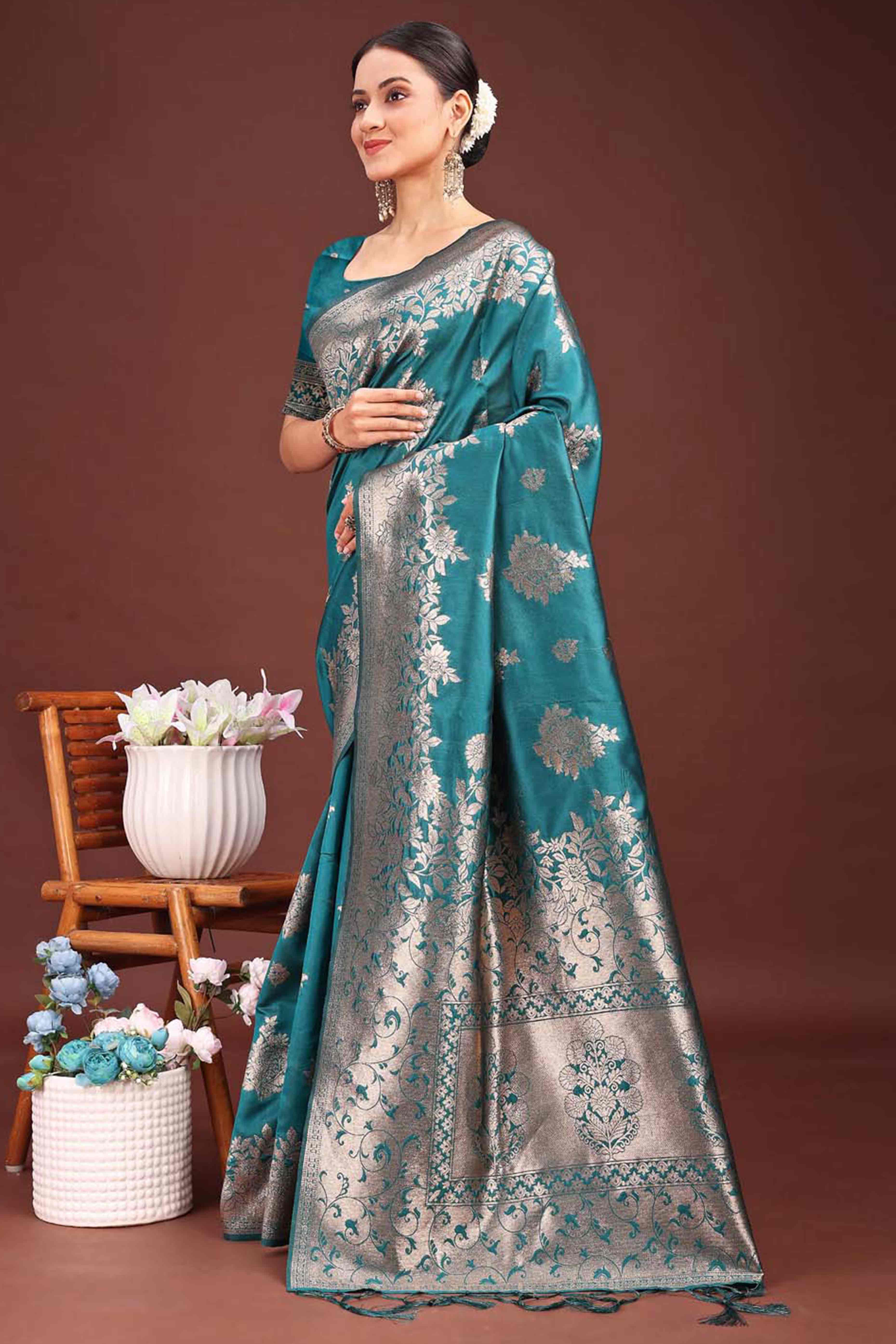 Rama Blue Banarasi Silk Saree With Floral Zari Weaving & Elegant Tassels