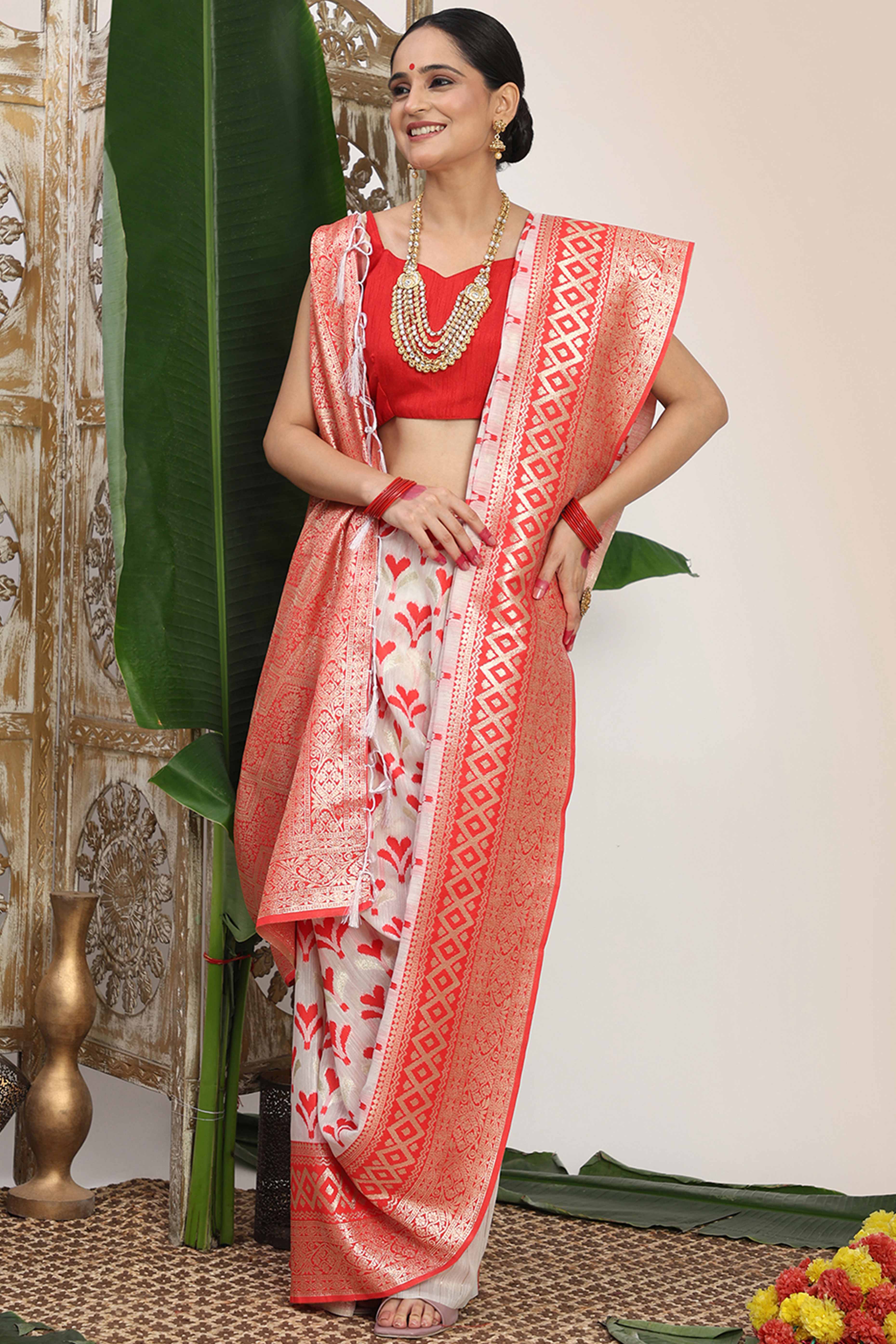White & Red  Fusion Linen Cotton Saree With Classic Zari Weaving And Soft Tassel Accents