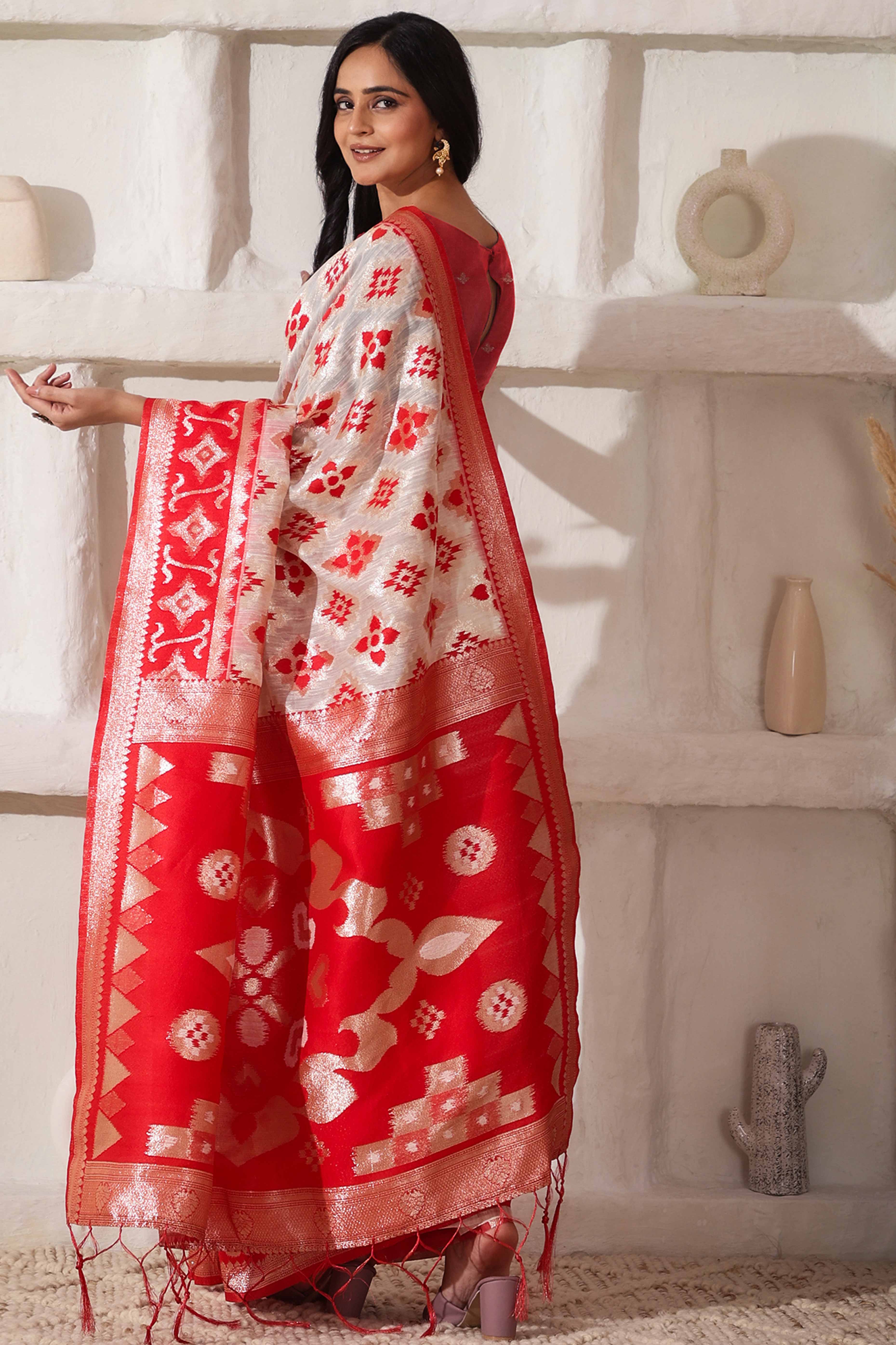 Traditional Zari Weaving On White & Red Linen Cotton Saree With A Charming Tassel Pallu