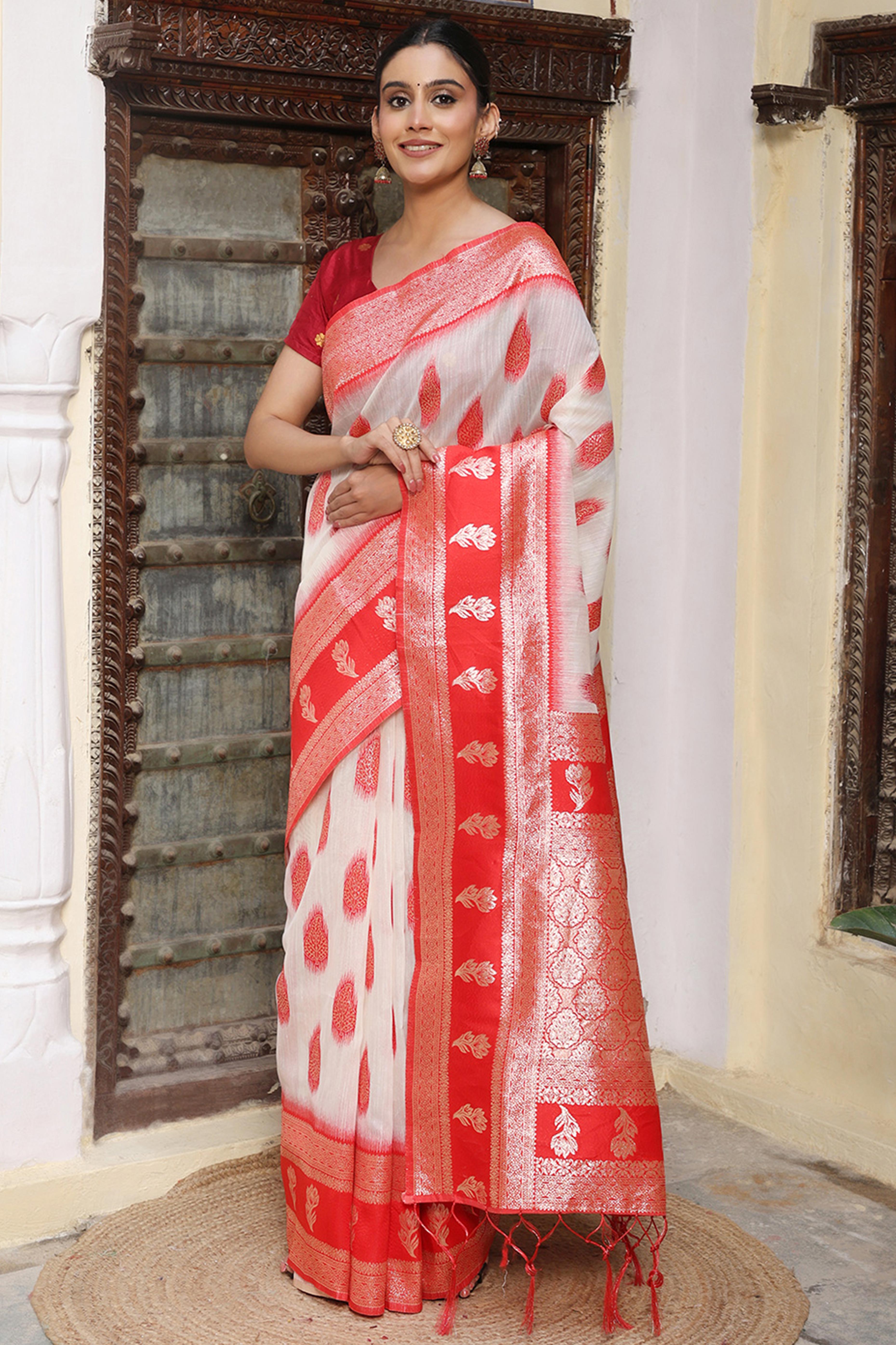 Traditional White & Red Saree in Linen Cotton Fabric Highlighted with Zari Work
