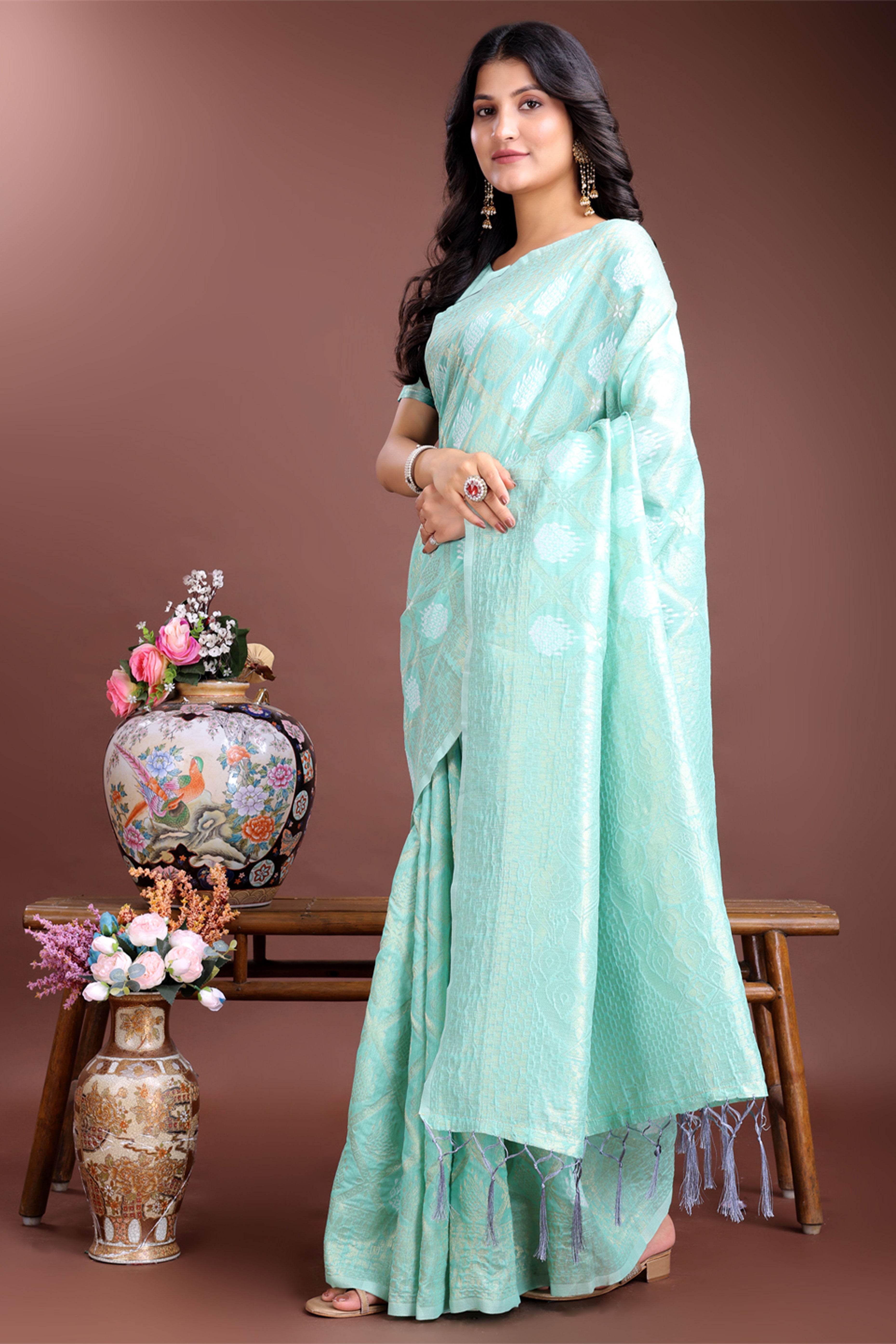 Sea Green Zari Woven Linen Cotton Saree with Graceful Tassels