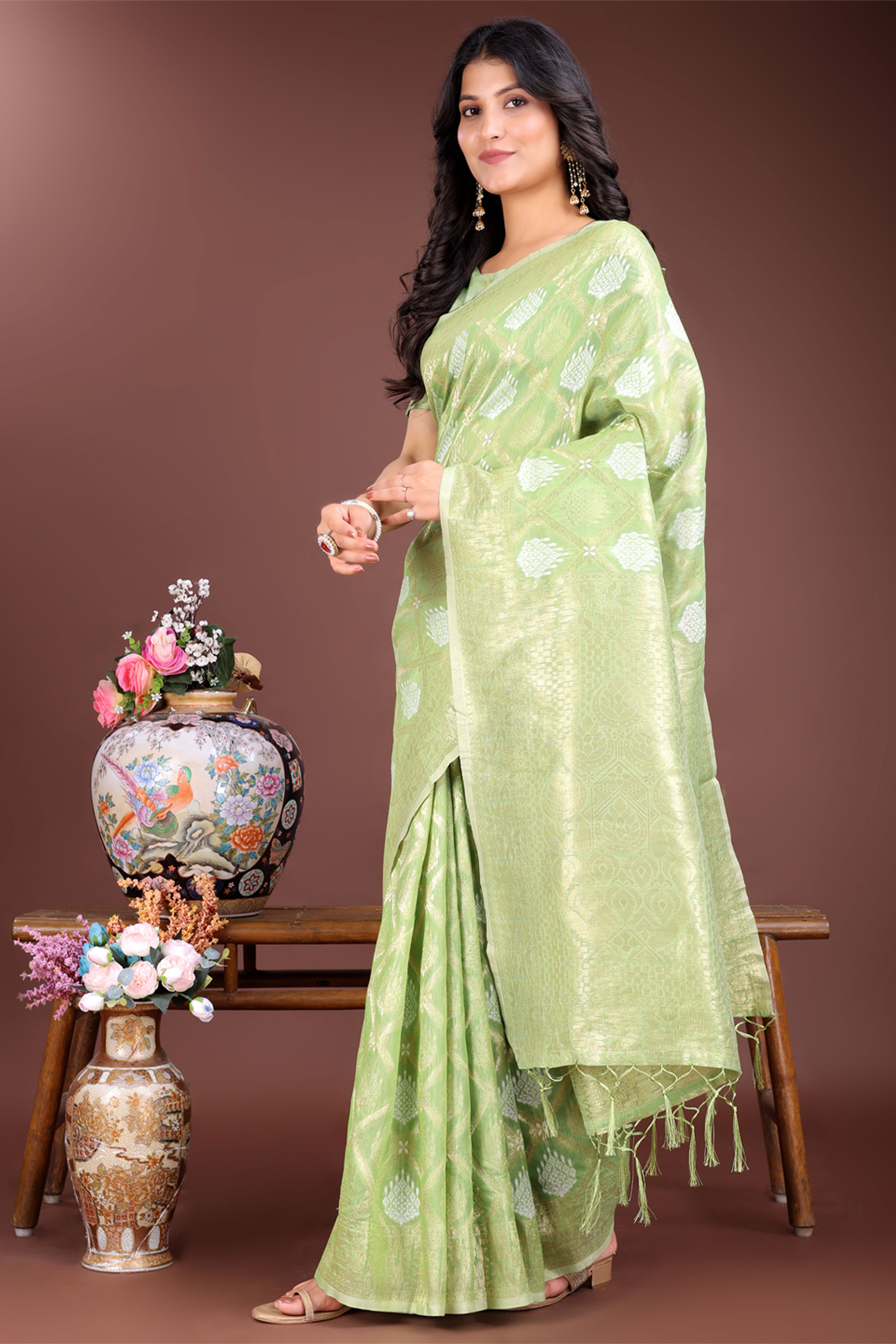 Light Green Zari Woven Linen Cotton Saree with Graceful Tassels