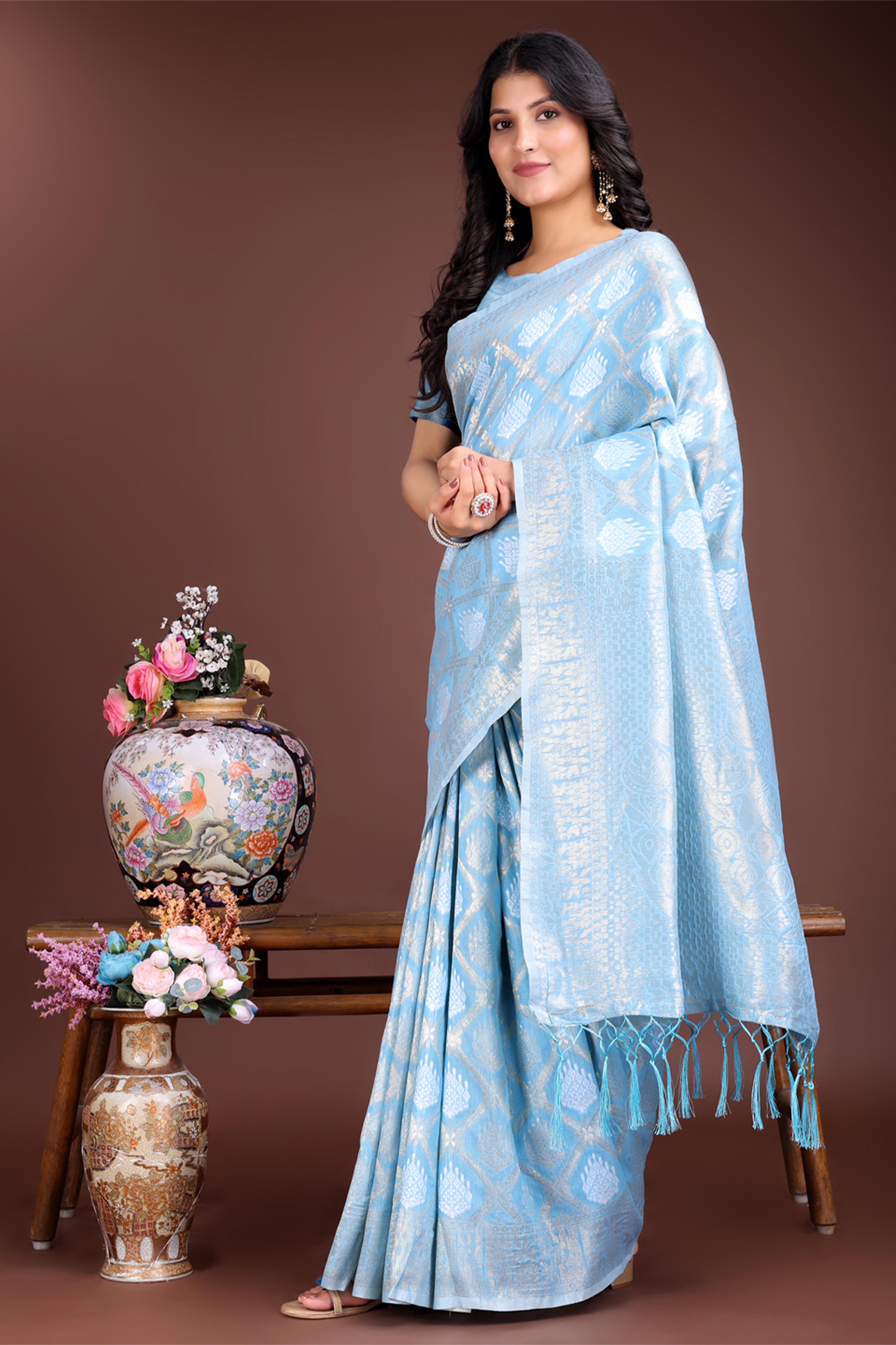 Sky Blue Zari Woven Linen Cotton Saree with Graceful Tassels