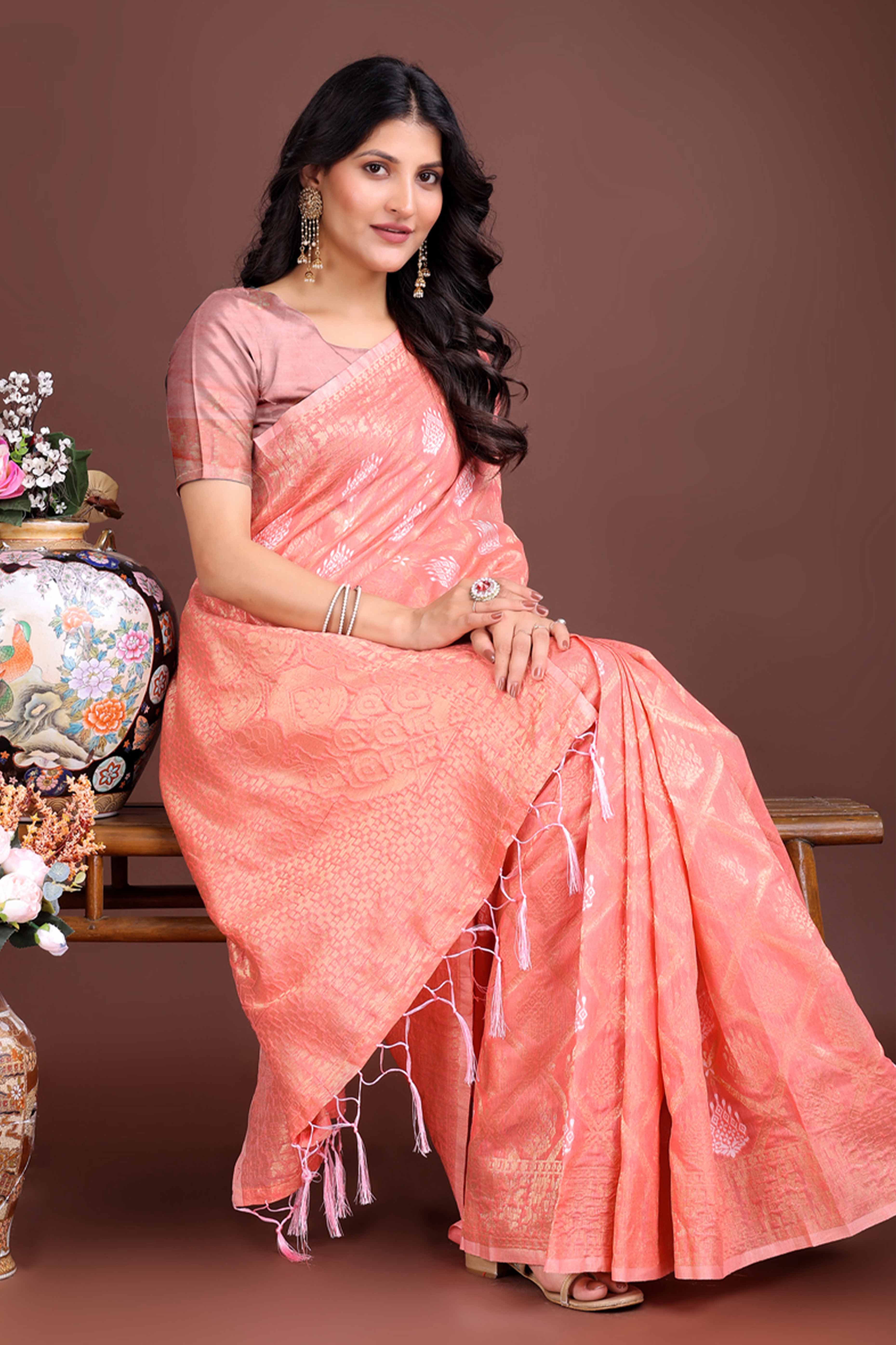 Peach Zari Woven Linen Cotton Saree with Graceful Tassels