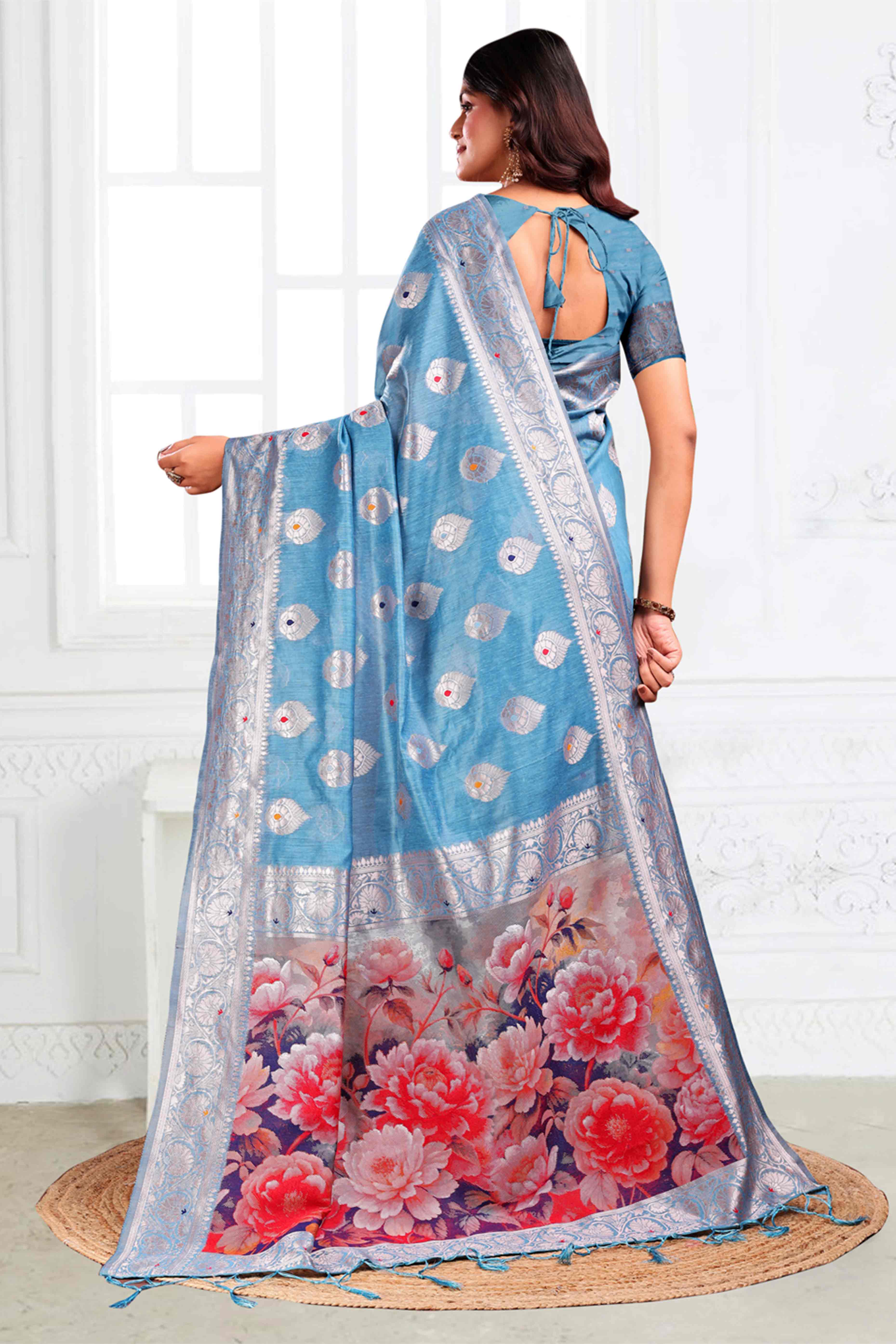 Sky Blue Linen Cotton Silk Saree Adorned With Intricate Floral Zari Weaving & Tassel Pallu